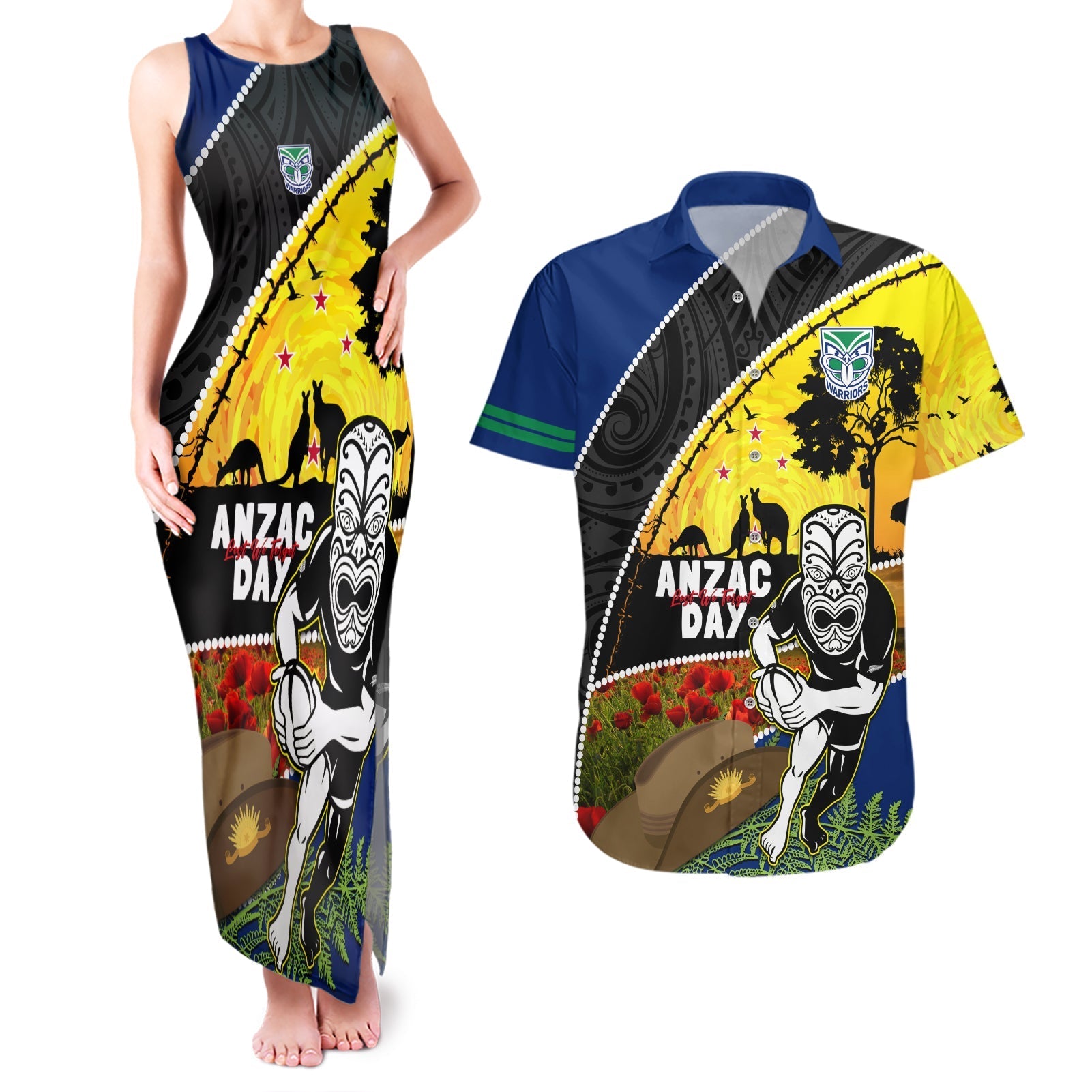 Warriors Rugby ANZAC Day Couples Matching Tank Maxi Dress and Hawaiian Shirt New Zealand Wahs Tiki Mascot Rosemary Starry Night