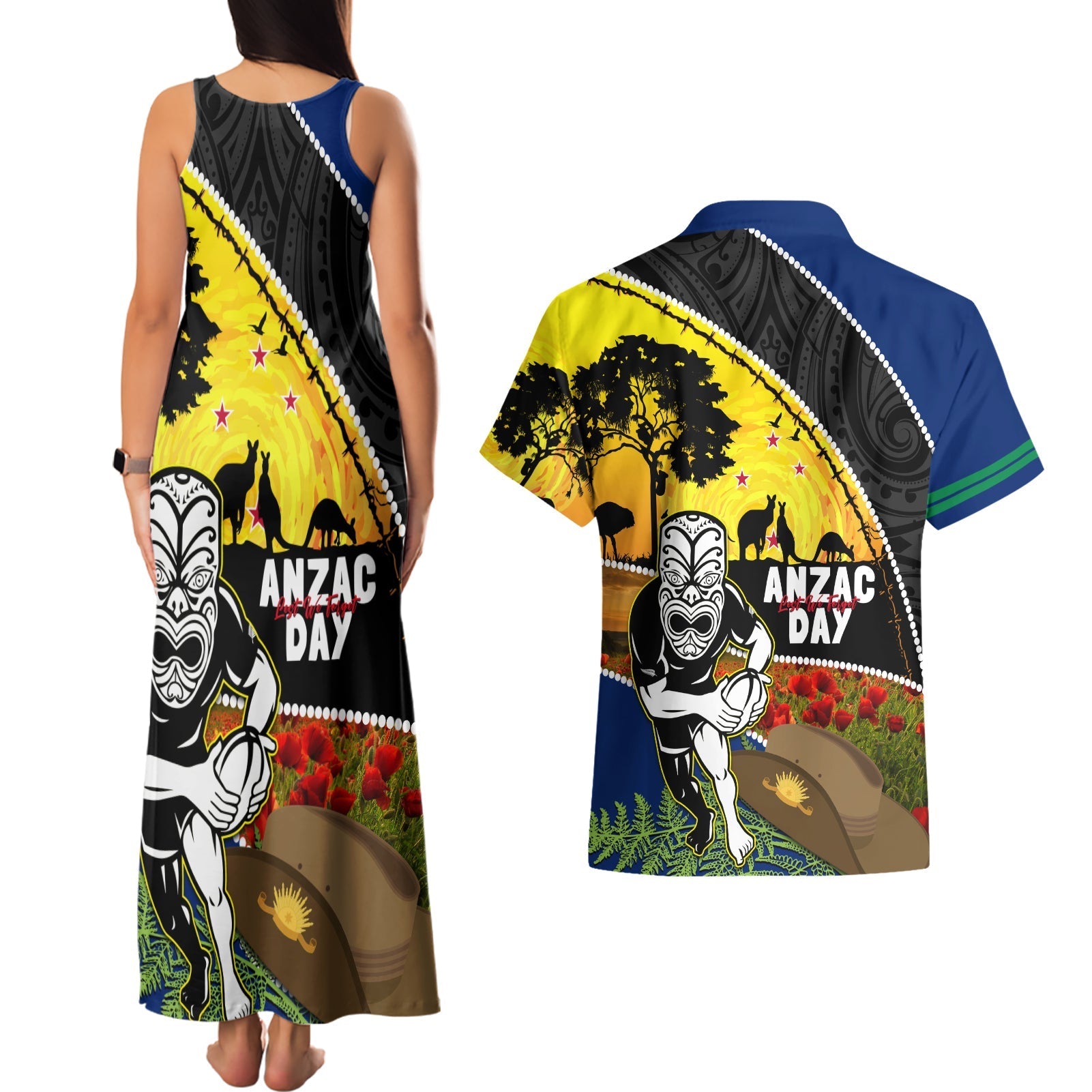 Warriors Rugby ANZAC Day Couples Matching Tank Maxi Dress and Hawaiian Shirt New Zealand Wahs Tiki Mascot Rosemary Starry Night