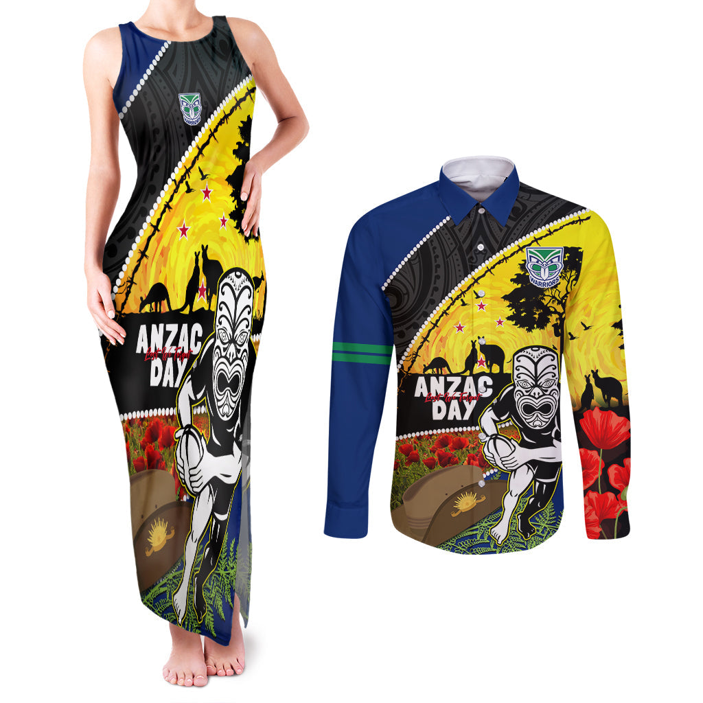 Warriors Rugby ANZAC Day Couples Matching Tank Maxi Dress and Long Sleeve Button Shirt New Zealand Wahs Tiki Mascot Rosemary Starry Night