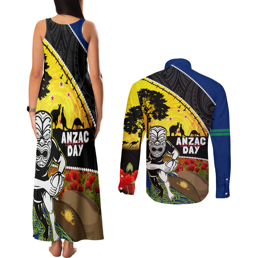 Warriors Rugby ANZAC Day Couples Matching Tank Maxi Dress and Long Sleeve Button Shirt New Zealand Wahs Tiki Mascot Rosemary Starry Night