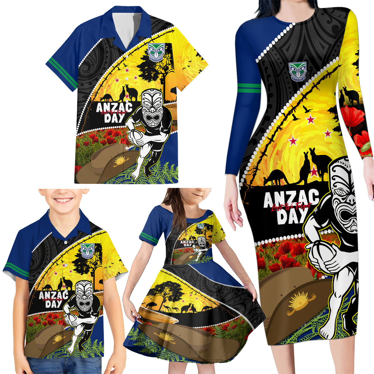 Warriors Rugby ANZAC Day Family Matching Long Sleeve Bodycon Dress and Hawaiian Shirt New Zealand Wahs Tiki Mascot Rosemary Starry Night