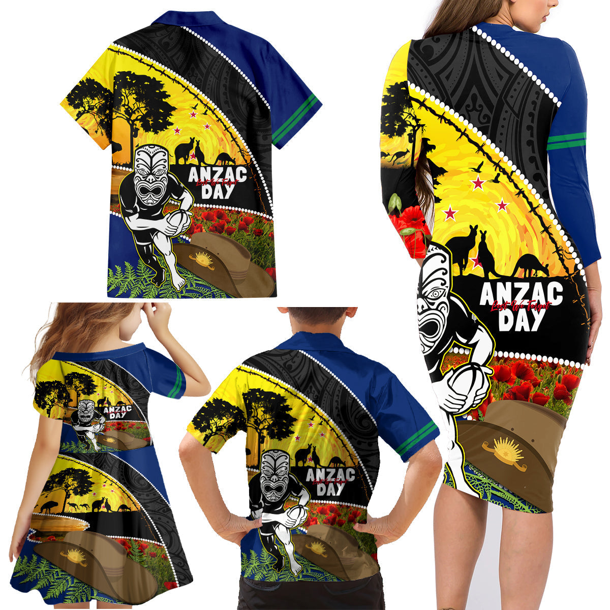 Warriors Rugby ANZAC Day Family Matching Long Sleeve Bodycon Dress and Hawaiian Shirt New Zealand Wahs Tiki Mascot Rosemary Starry Night