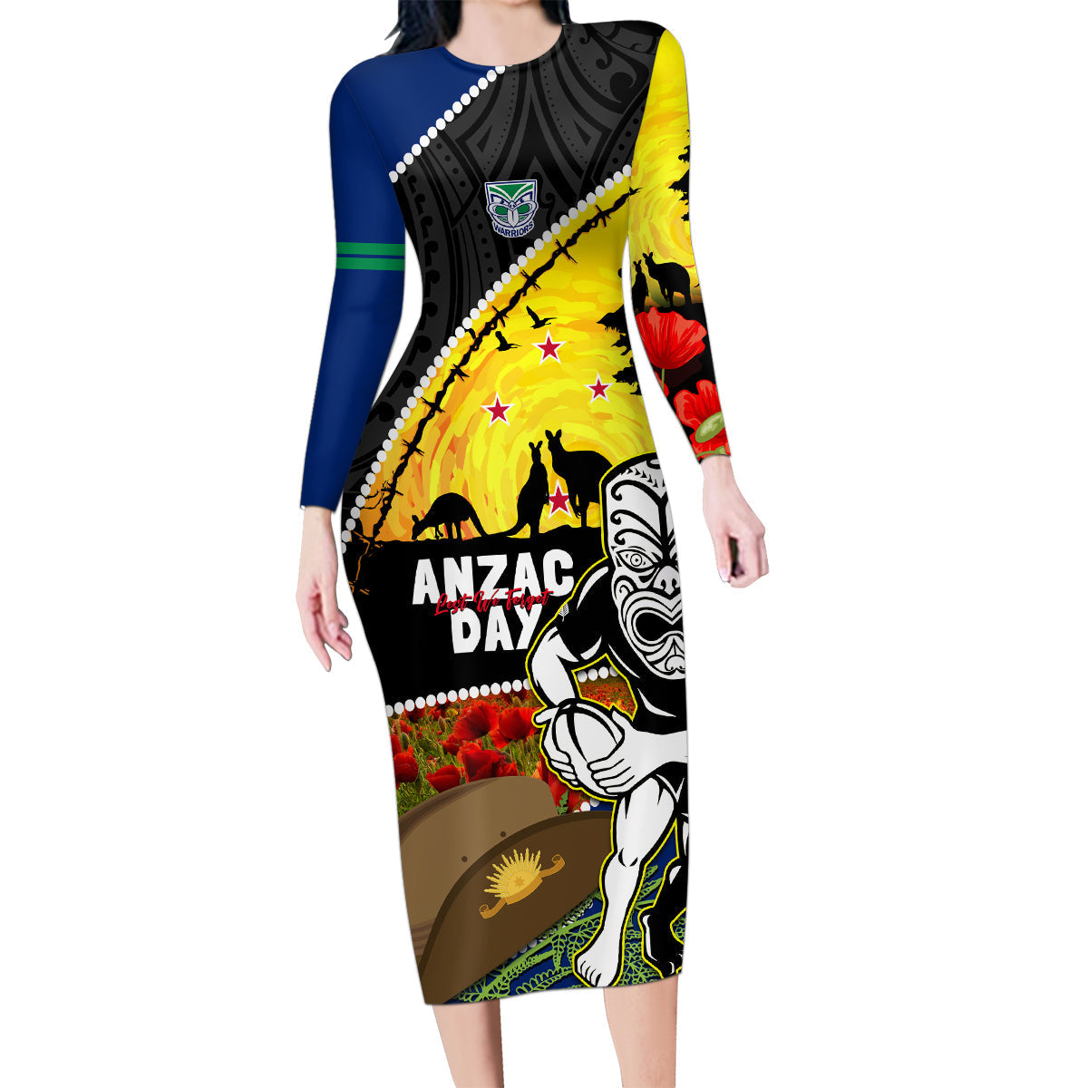Warriors Rugby ANZAC Day Family Matching Long Sleeve Bodycon Dress and Hawaiian Shirt New Zealand Wahs Tiki Mascot Rosemary Starry Night