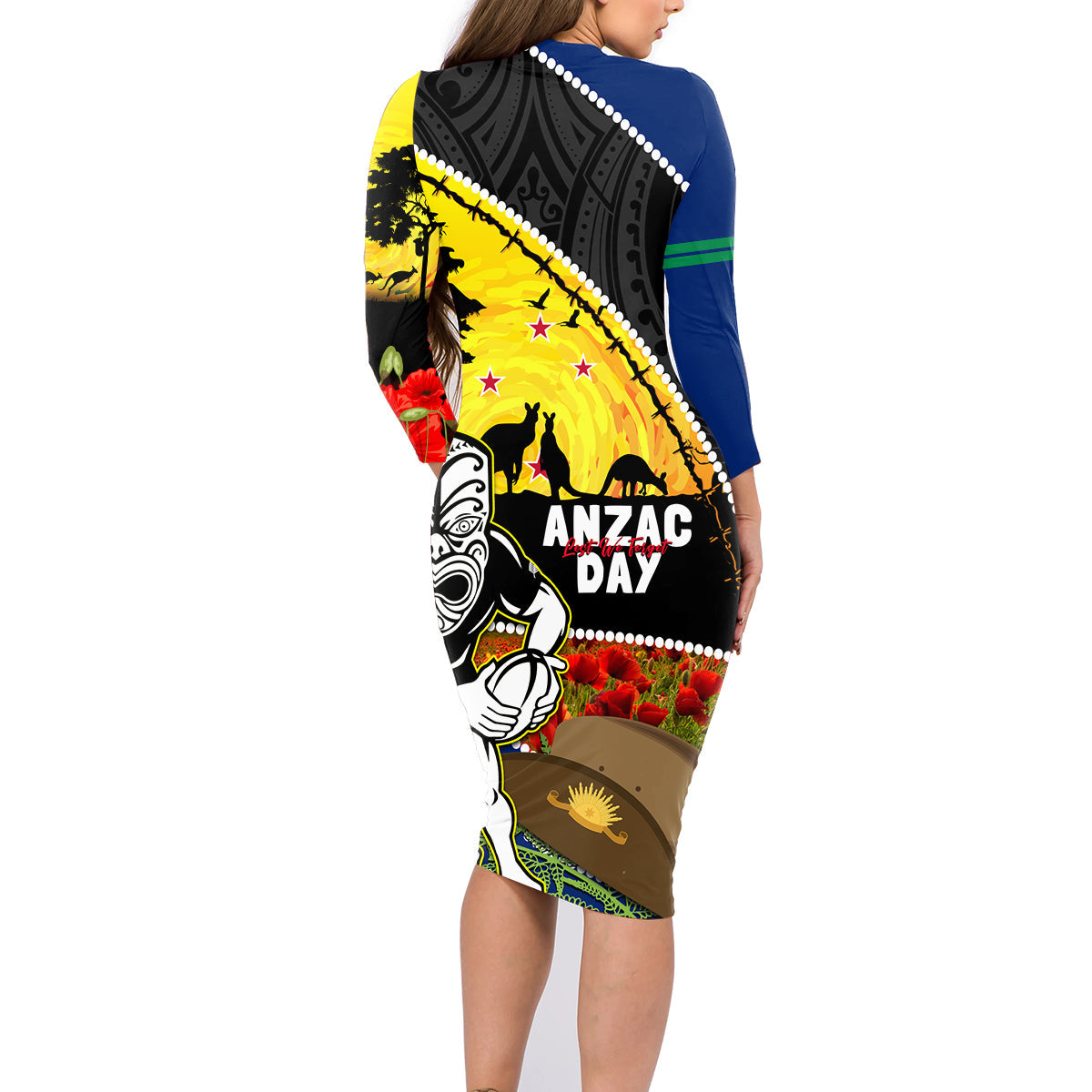 Warriors Rugby ANZAC Day Family Matching Long Sleeve Bodycon Dress and Hawaiian Shirt New Zealand Wahs Tiki Mascot Rosemary Starry Night