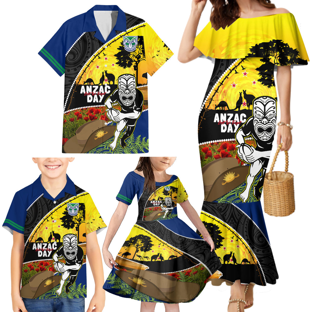 Warriors Rugby ANZAC Day Family Matching Mermaid Dress and Hawaiian Shirt New Zealand Wahs Tiki Mascot Rosemary Starry Night