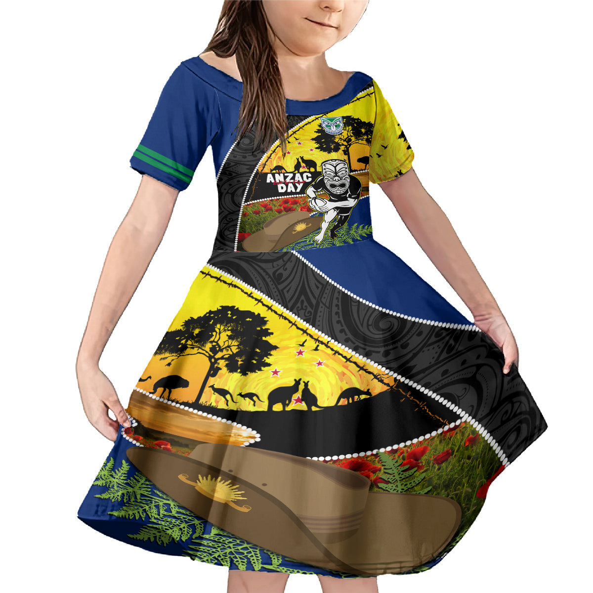 Warriors Rugby ANZAC Day Family Matching Mermaid Dress and Hawaiian Shirt New Zealand Wahs Tiki Mascot Rosemary Starry Night