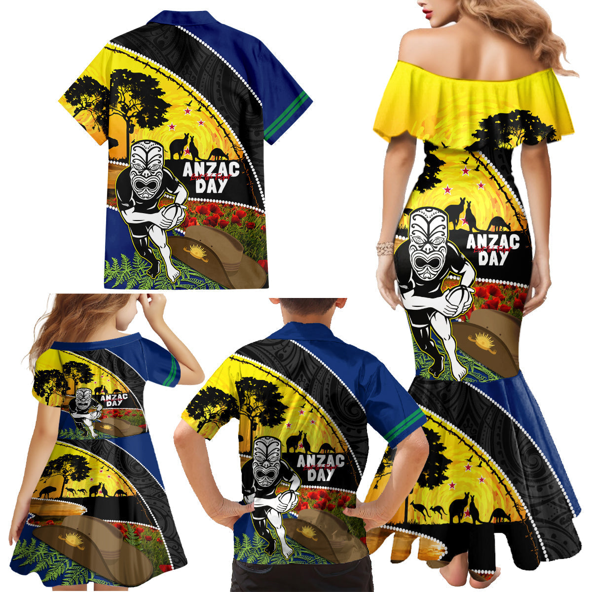 Warriors Rugby ANZAC Day Family Matching Mermaid Dress and Hawaiian Shirt New Zealand Wahs Tiki Mascot Rosemary Starry Night