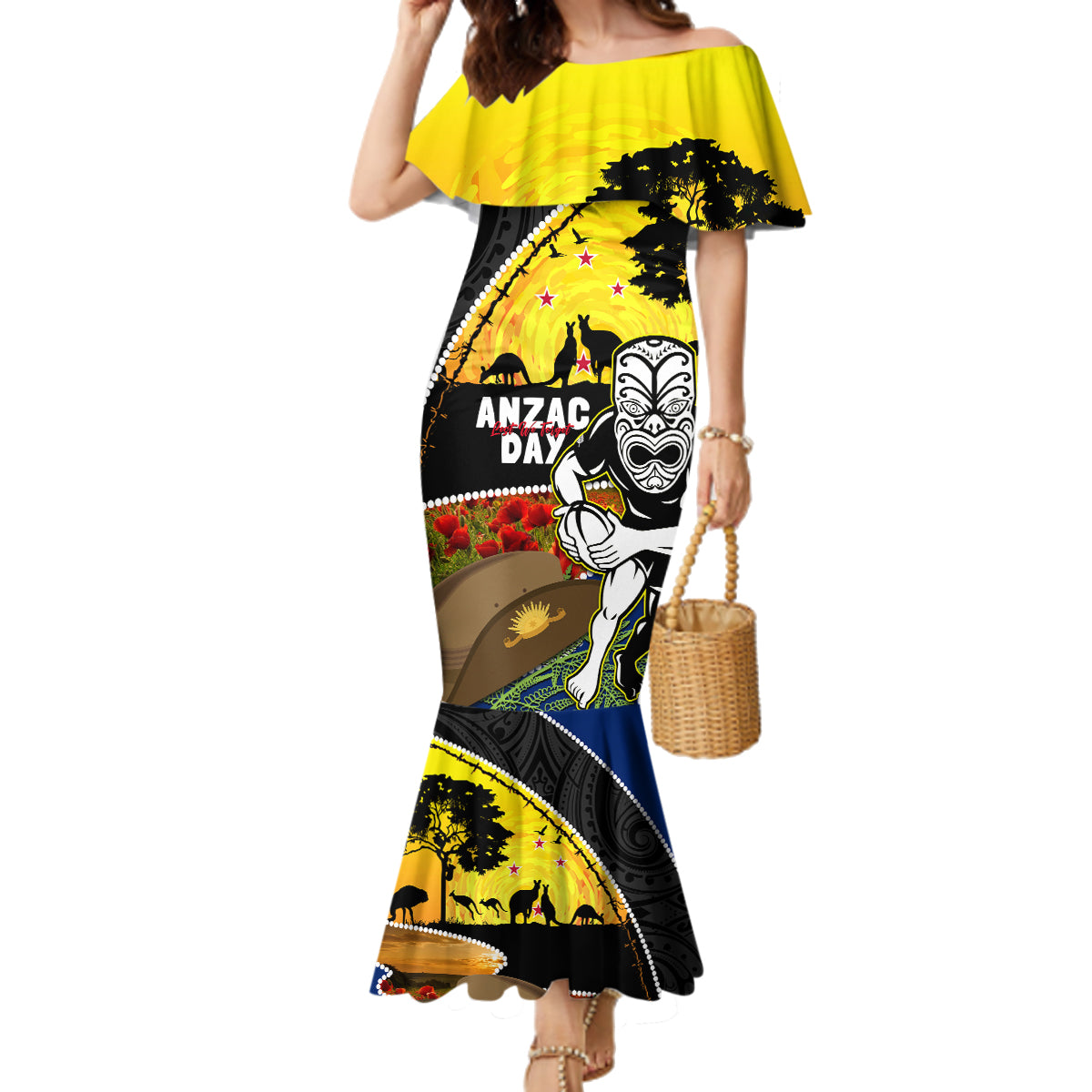 Warriors Rugby ANZAC Day Family Matching Mermaid Dress and Hawaiian Shirt New Zealand Wahs Tiki Mascot Rosemary Starry Night