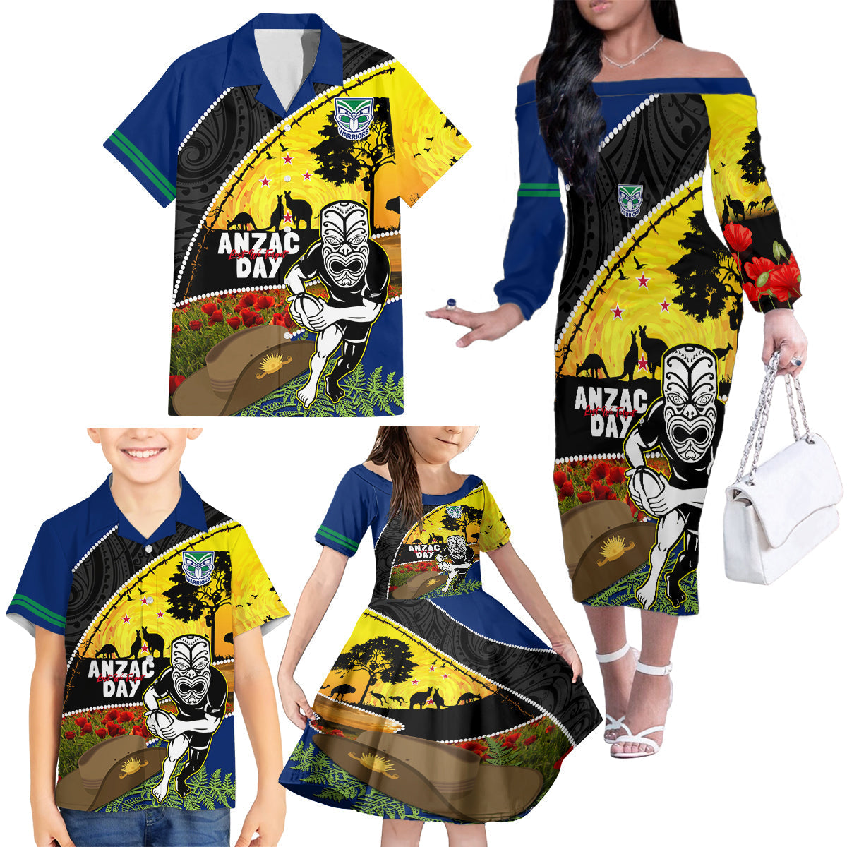 Warriors Rugby ANZAC Day Family Matching Off Shoulder Long Sleeve Dress and Hawaiian Shirt New Zealand Wahs Tiki Mascot Rosemary Starry Night
