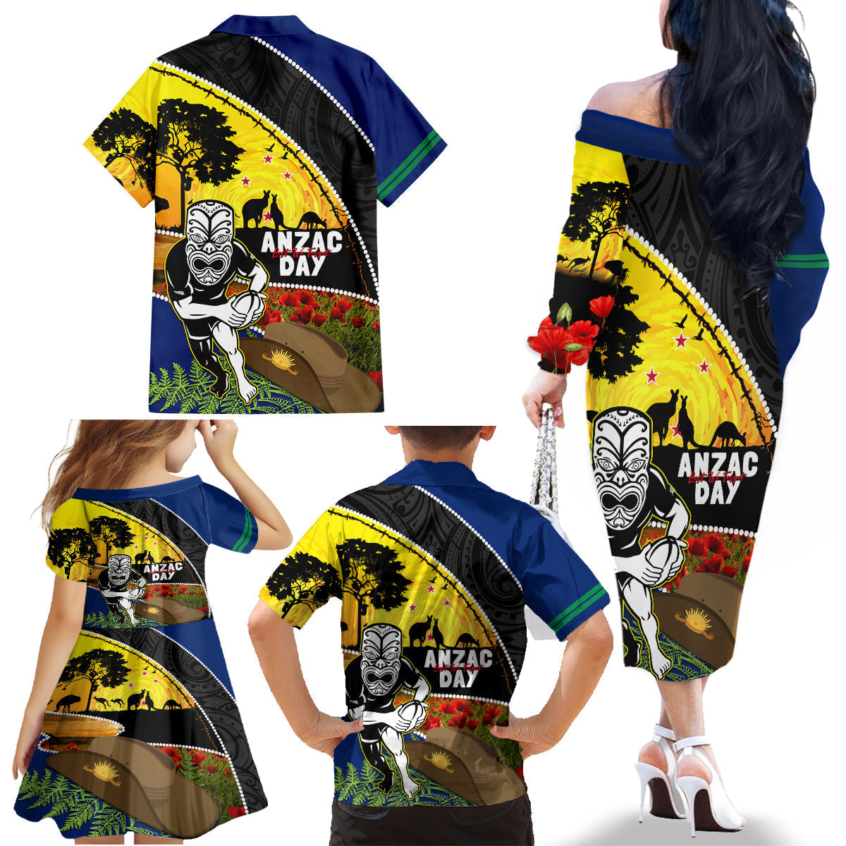 Warriors Rugby ANZAC Day Family Matching Off Shoulder Long Sleeve Dress and Hawaiian Shirt New Zealand Wahs Tiki Mascot Rosemary Starry Night