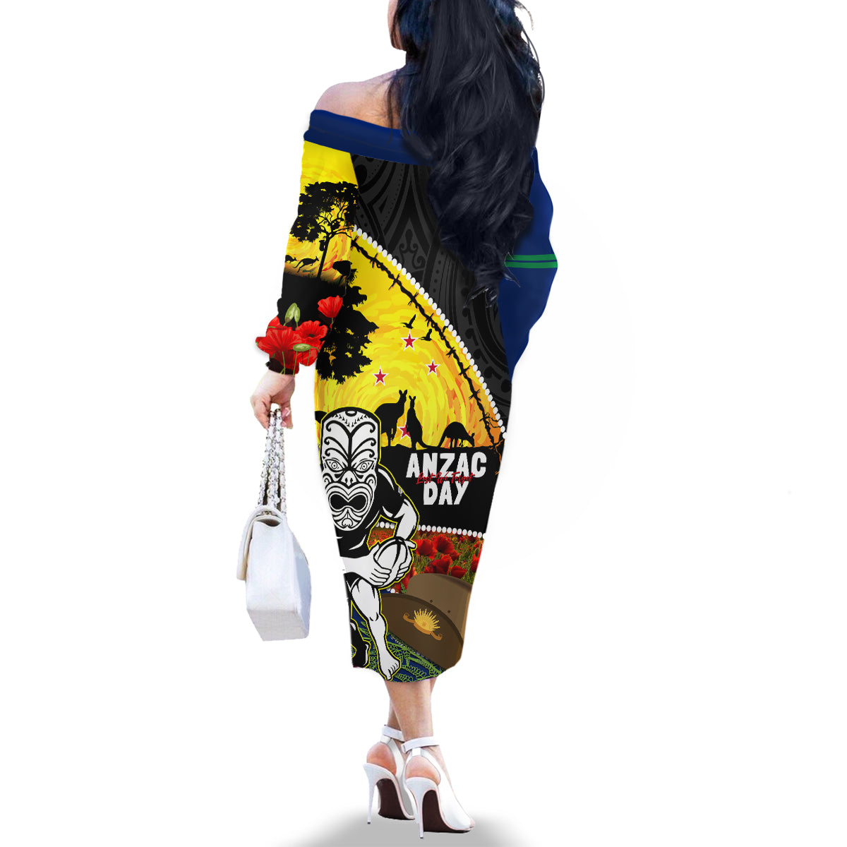 Warriors Rugby ANZAC Day Family Matching Off Shoulder Long Sleeve Dress and Hawaiian Shirt New Zealand Wahs Tiki Mascot Rosemary Starry Night