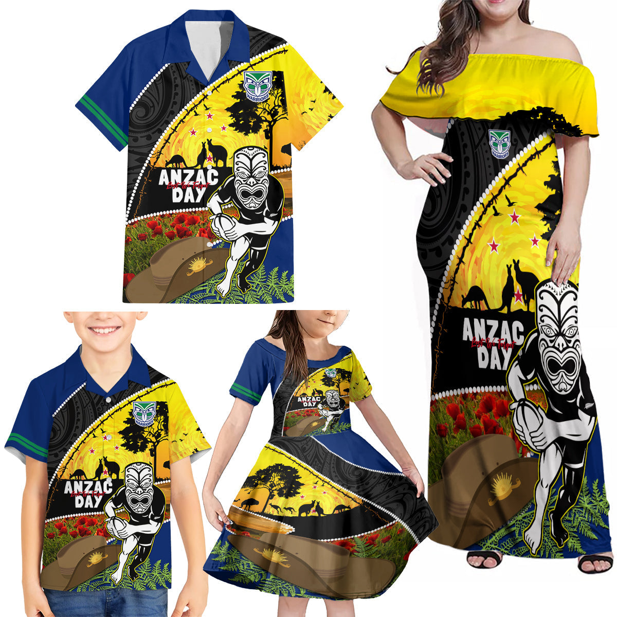 Warriors Rugby ANZAC Day Family Matching Off Shoulder Maxi Dress and Hawaiian Shirt New Zealand Wahs Tiki Mascot Rosemary Starry Night