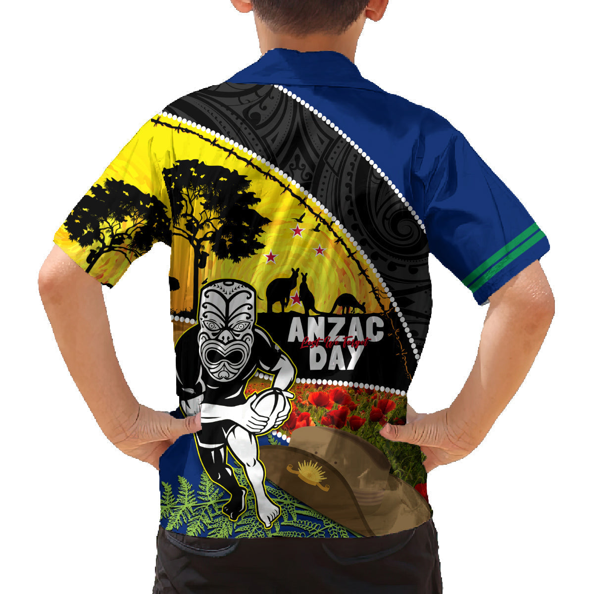 Warriors Rugby ANZAC Day Family Matching Off Shoulder Maxi Dress and Hawaiian Shirt New Zealand Wahs Tiki Mascot Rosemary Starry Night