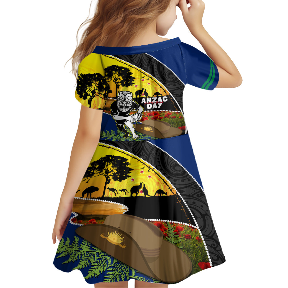 Warriors Rugby ANZAC Day Family Matching Off Shoulder Maxi Dress and Hawaiian Shirt New Zealand Wahs Tiki Mascot Rosemary Starry Night
