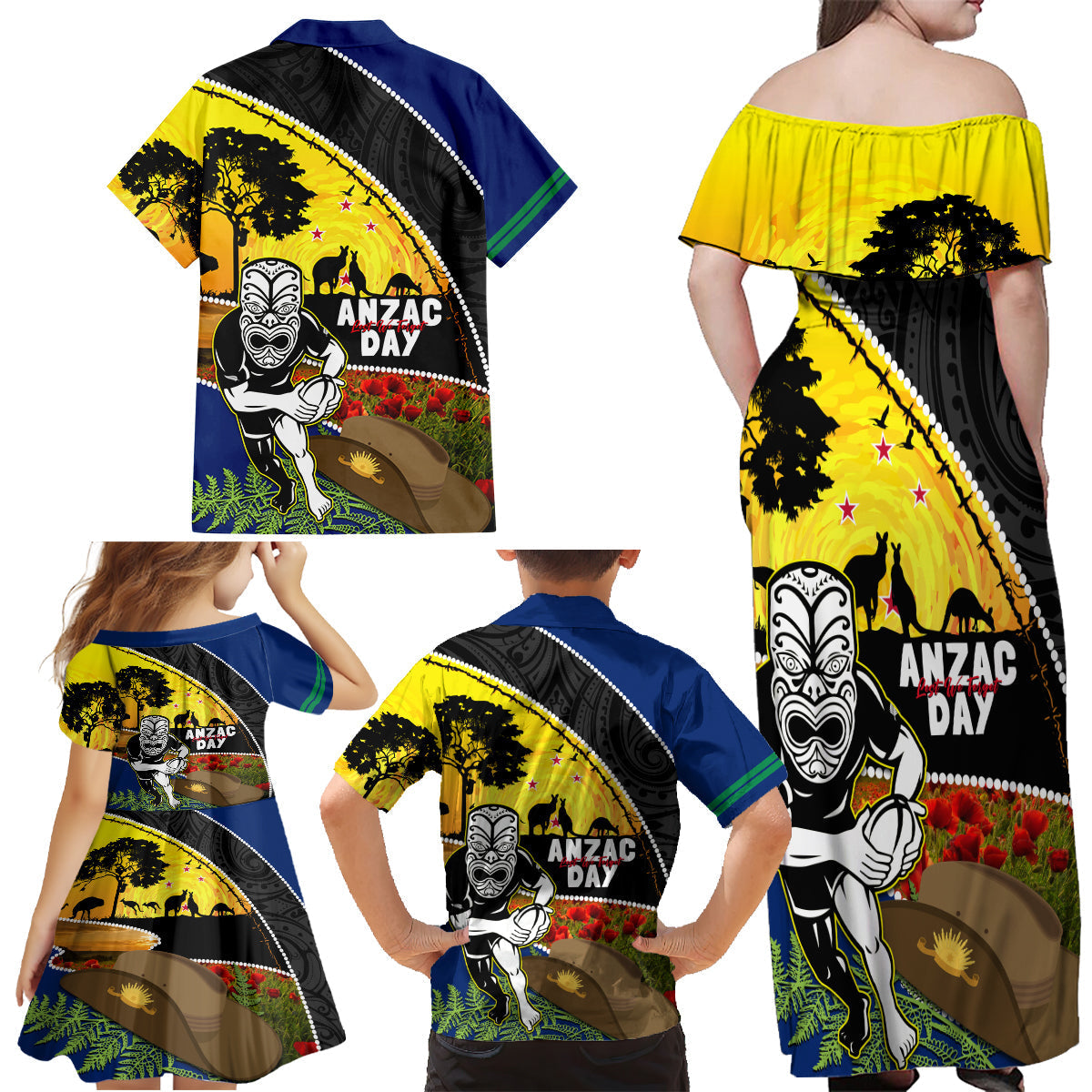 Warriors Rugby ANZAC Day Family Matching Off Shoulder Maxi Dress and Hawaiian Shirt New Zealand Wahs Tiki Mascot Rosemary Starry Night