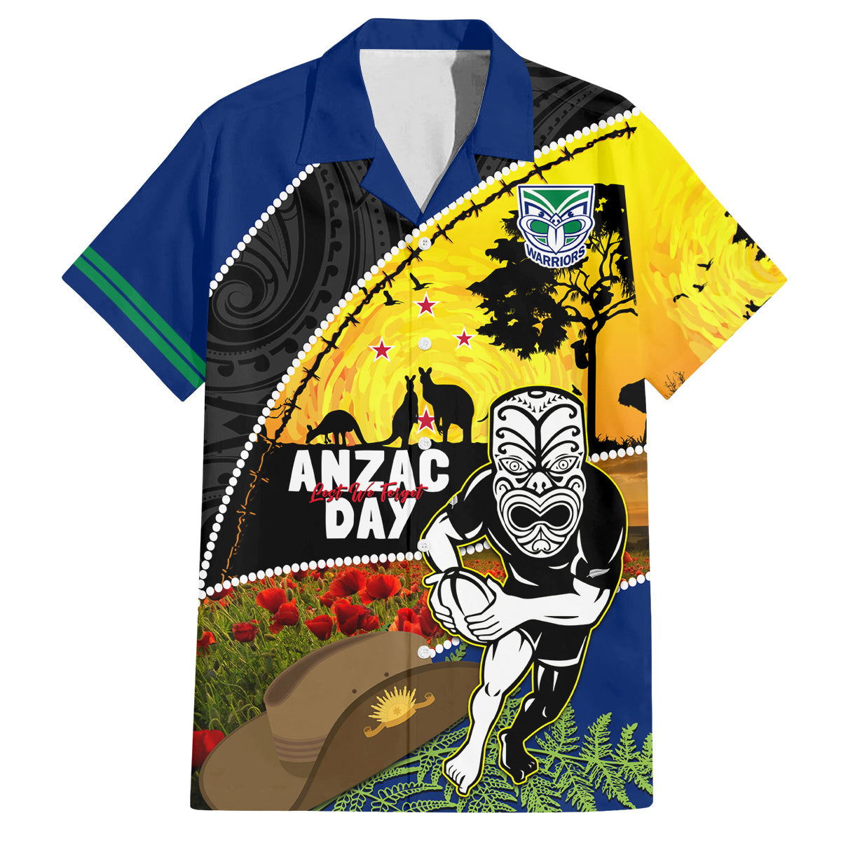 Warriors Rugby ANZAC Day Family Matching Off Shoulder Maxi Dress and Hawaiian Shirt New Zealand Wahs Tiki Mascot Rosemary Starry Night