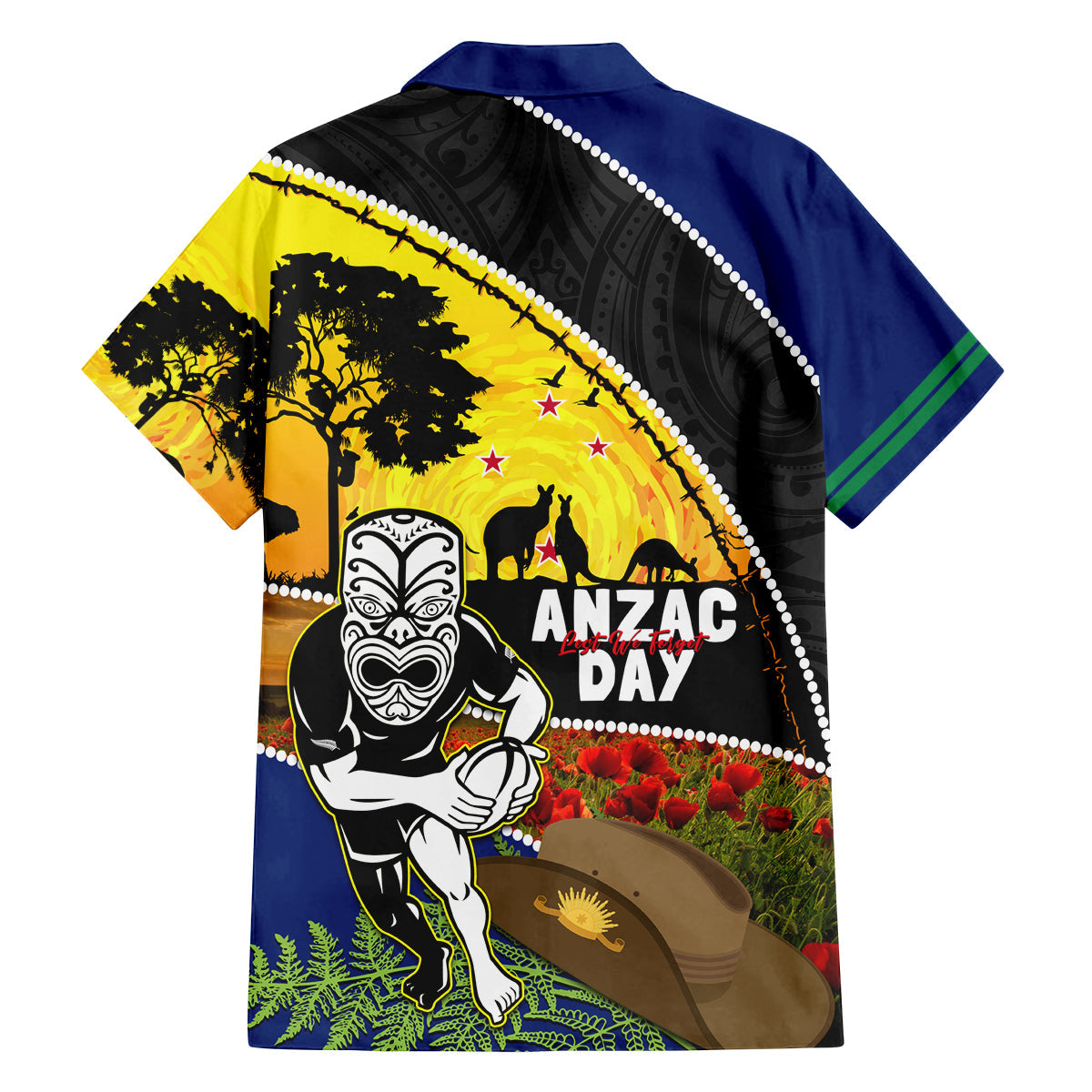 Warriors Rugby ANZAC Day Family Matching Off Shoulder Maxi Dress and Hawaiian Shirt New Zealand Wahs Tiki Mascot Rosemary Starry Night