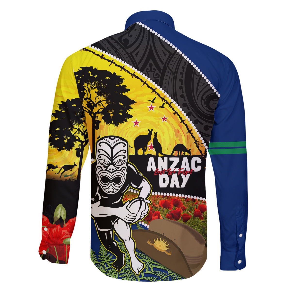Warriors Rugby ANZAC Day Family Matching Off Shoulder Maxi Dress and Hawaiian Shirt New Zealand Wahs Tiki Mascot Rosemary Starry Night
