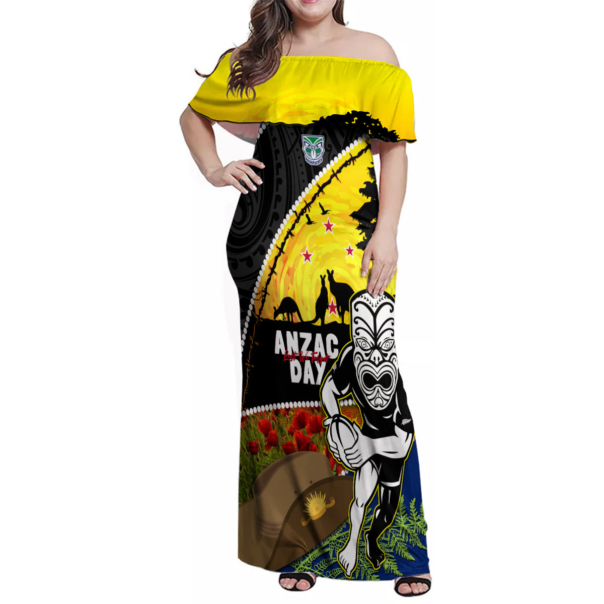 Warriors Rugby ANZAC Day Family Matching Off Shoulder Maxi Dress and Hawaiian Shirt New Zealand Wahs Tiki Mascot Rosemary Starry Night