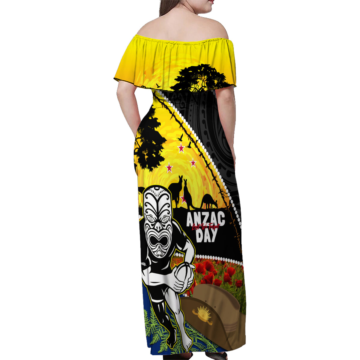 Warriors Rugby ANZAC Day Family Matching Off Shoulder Maxi Dress and Hawaiian Shirt New Zealand Wahs Tiki Mascot Rosemary Starry Night