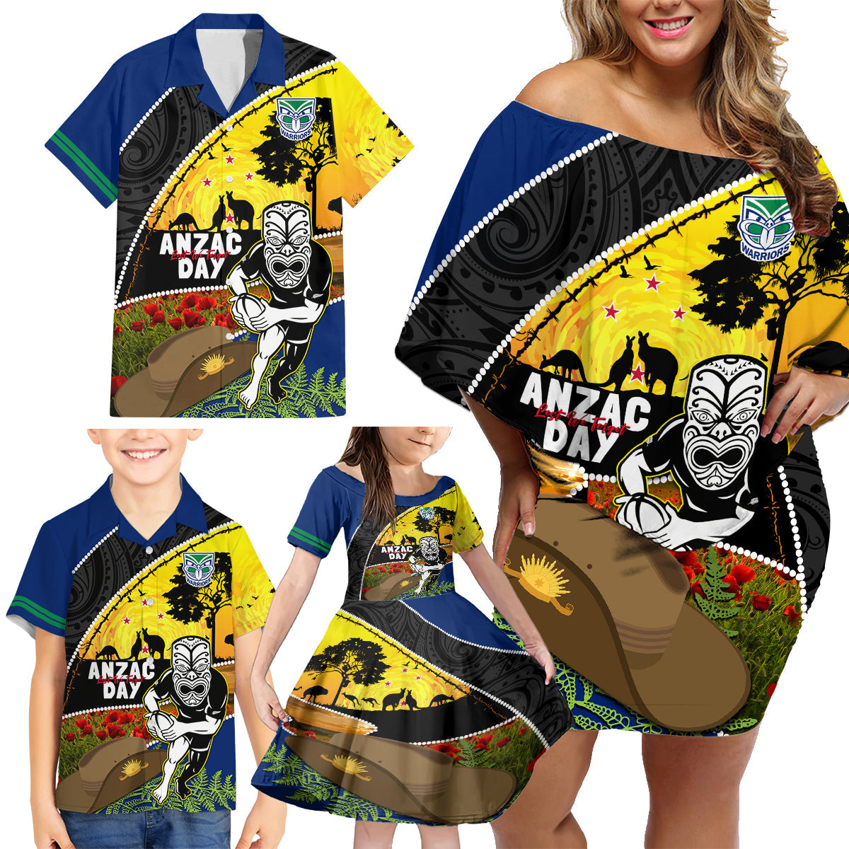 Warriors Rugby ANZAC Day Family Matching Off Shoulder Short Dress and Hawaiian Shirt New Zealand Wahs Tiki Mascot Rosemary Starry Night