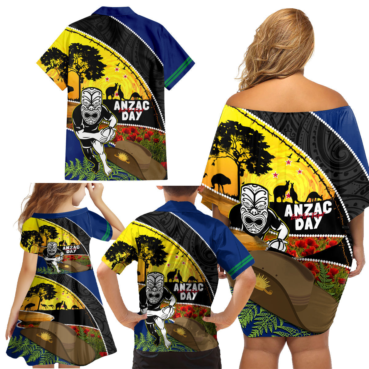 Warriors Rugby ANZAC Day Family Matching Off Shoulder Short Dress and Hawaiian Shirt New Zealand Wahs Tiki Mascot Rosemary Starry Night