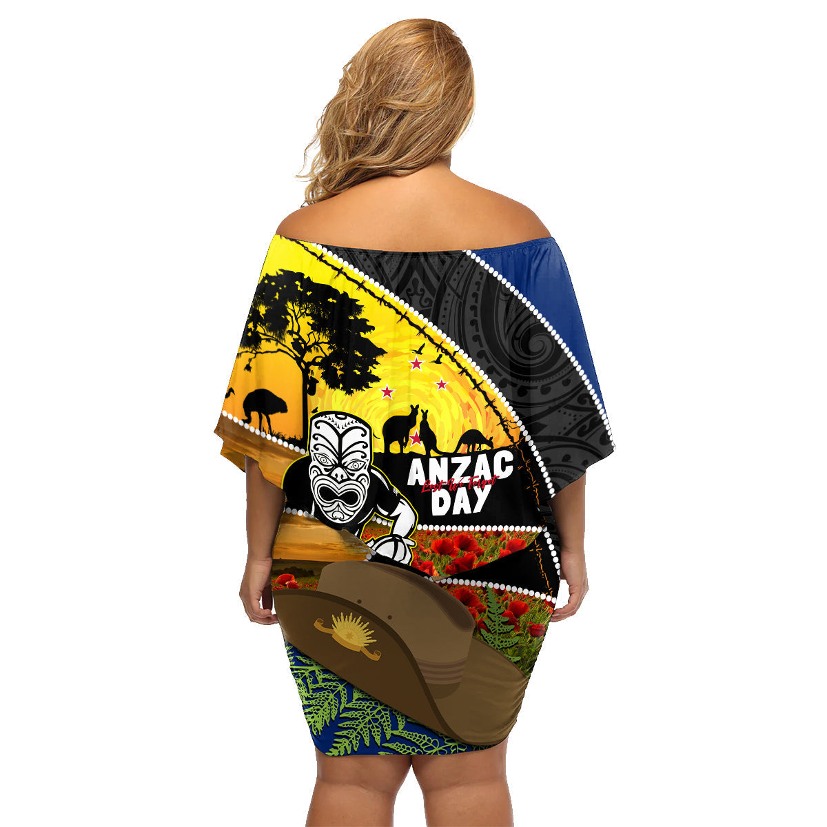 Warriors Rugby ANZAC Day Family Matching Off Shoulder Short Dress and Hawaiian Shirt New Zealand Wahs Tiki Mascot Rosemary Starry Night