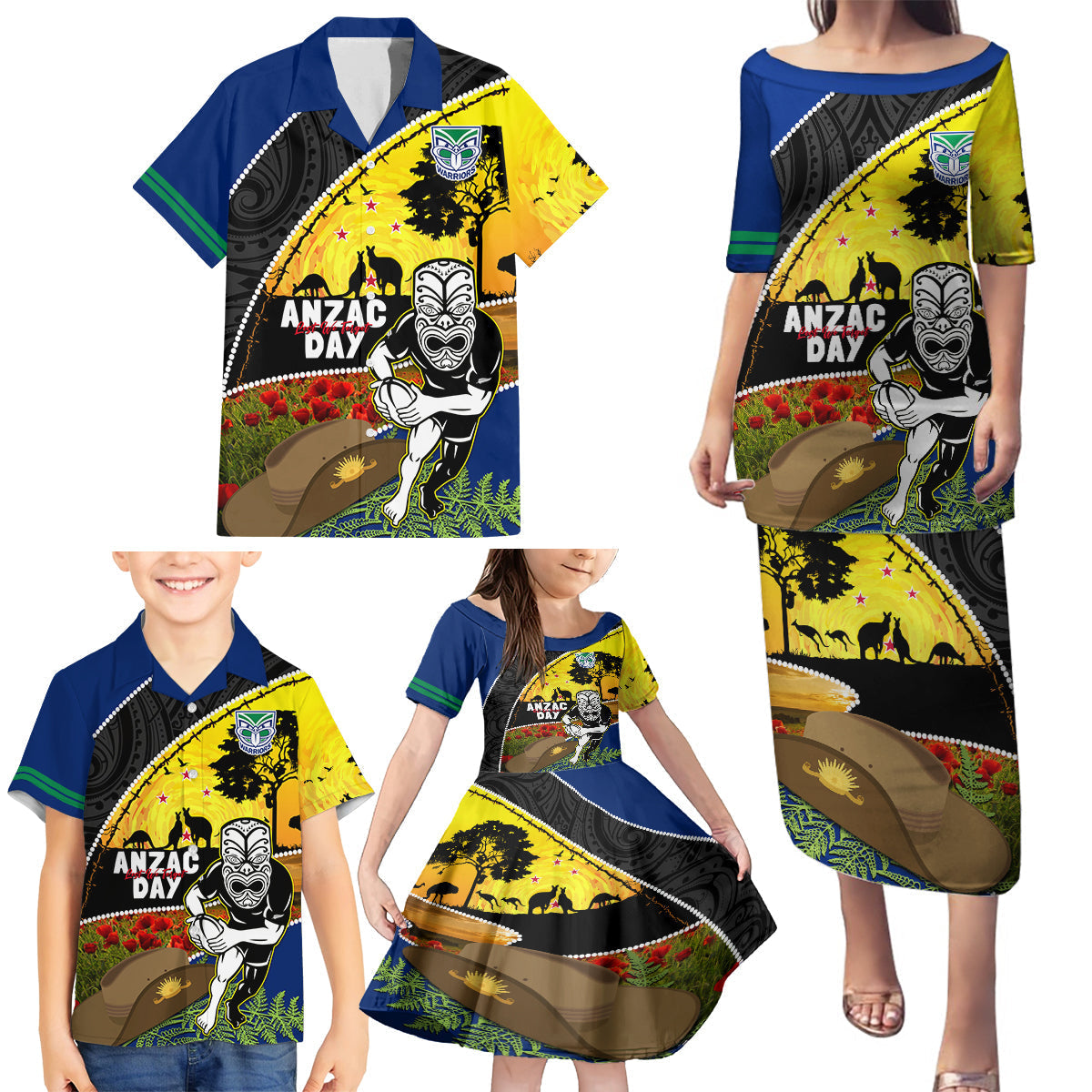 Warriors Rugby ANZAC Day Family Matching Puletasi and Hawaiian Shirt New Zealand Wahs Tiki Mascot Rosemary Starry Night
