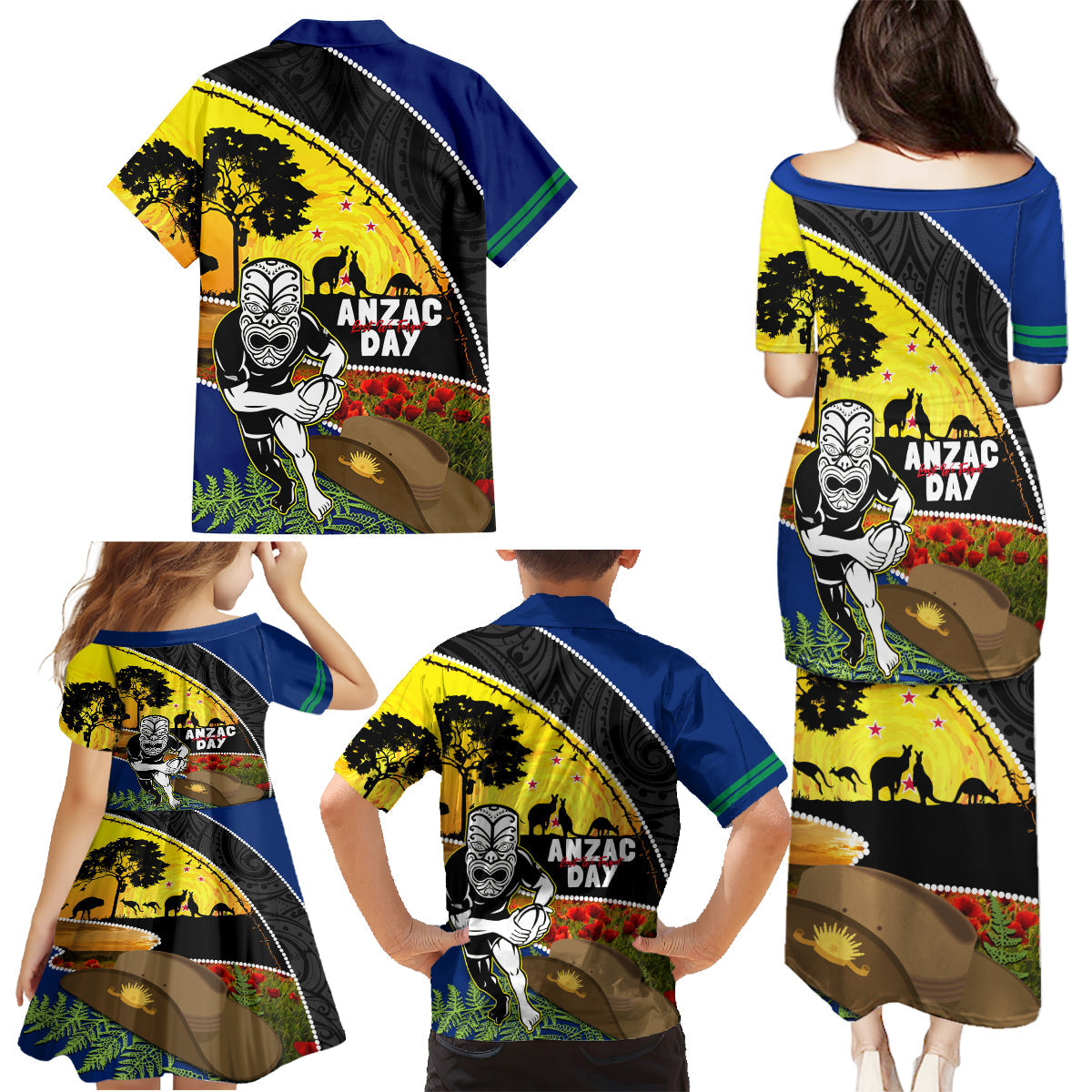 Warriors Rugby ANZAC Day Family Matching Puletasi and Hawaiian Shirt New Zealand Wahs Tiki Mascot Rosemary Starry Night