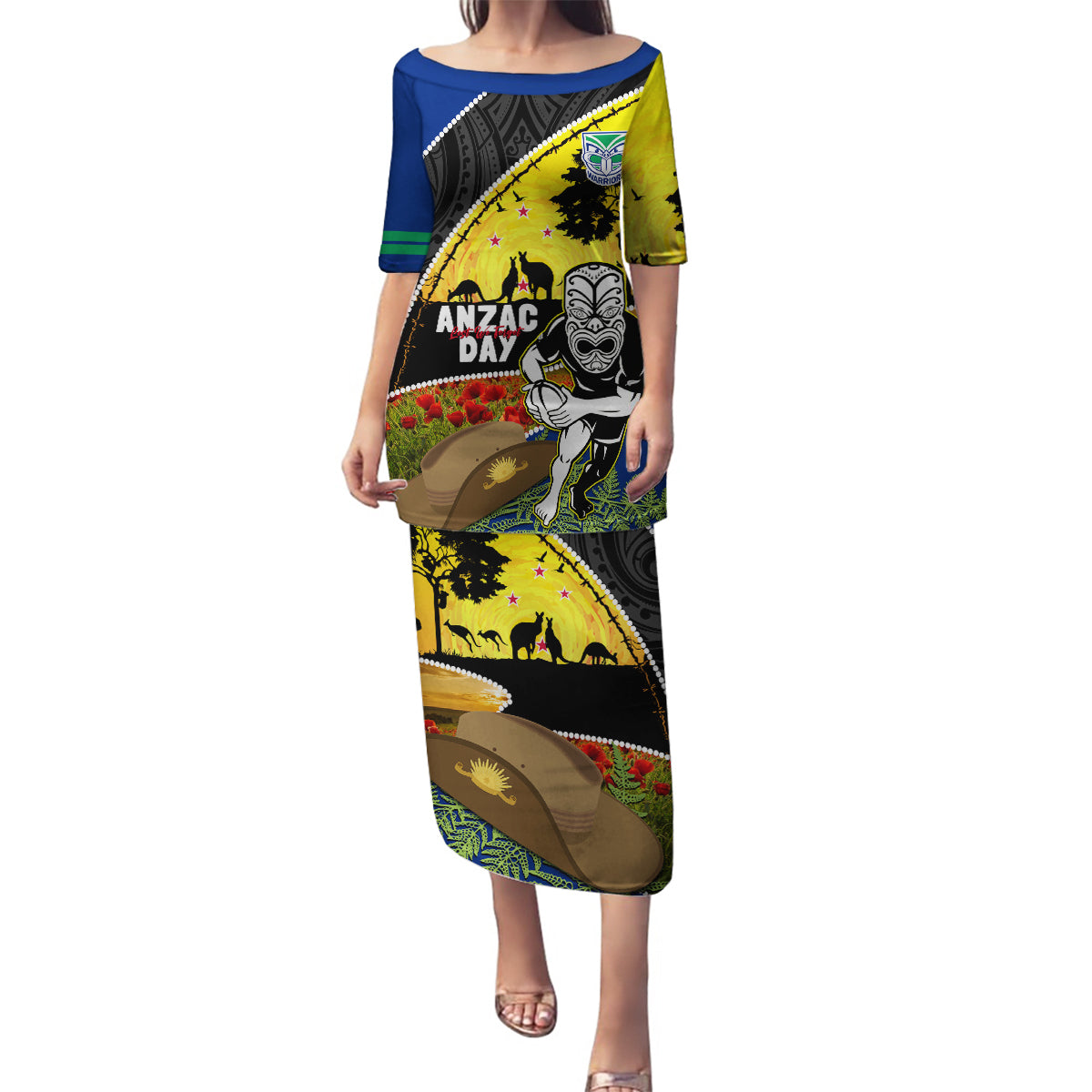 Warriors Rugby ANZAC Day Family Matching Puletasi and Hawaiian Shirt New Zealand Wahs Tiki Mascot Rosemary Starry Night