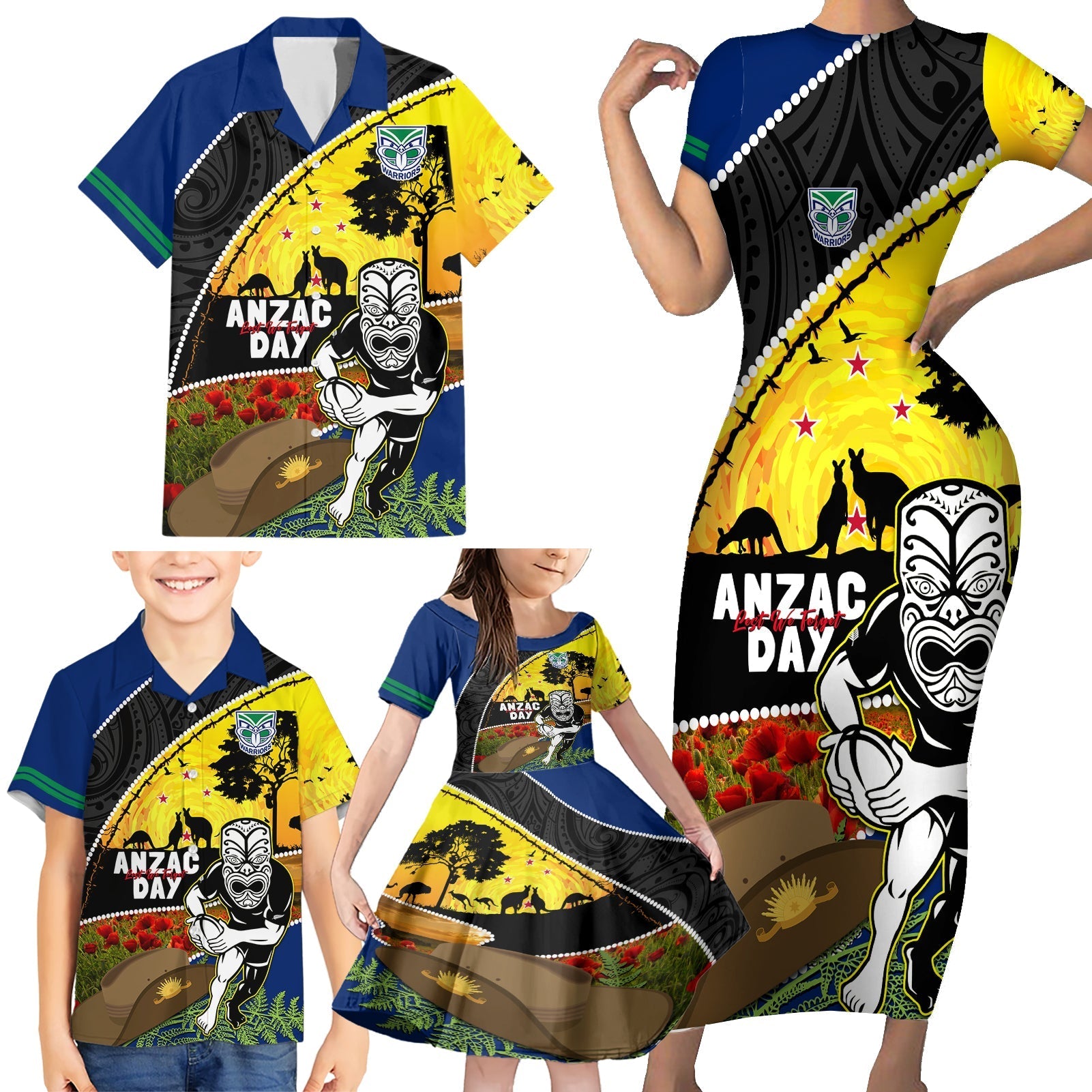 Warriors Rugby ANZAC Day Family Matching Short Sleeve Bodycon Dress and Hawaiian Shirt New Zealand Wahs Tiki Mascot Rosemary Starry Night