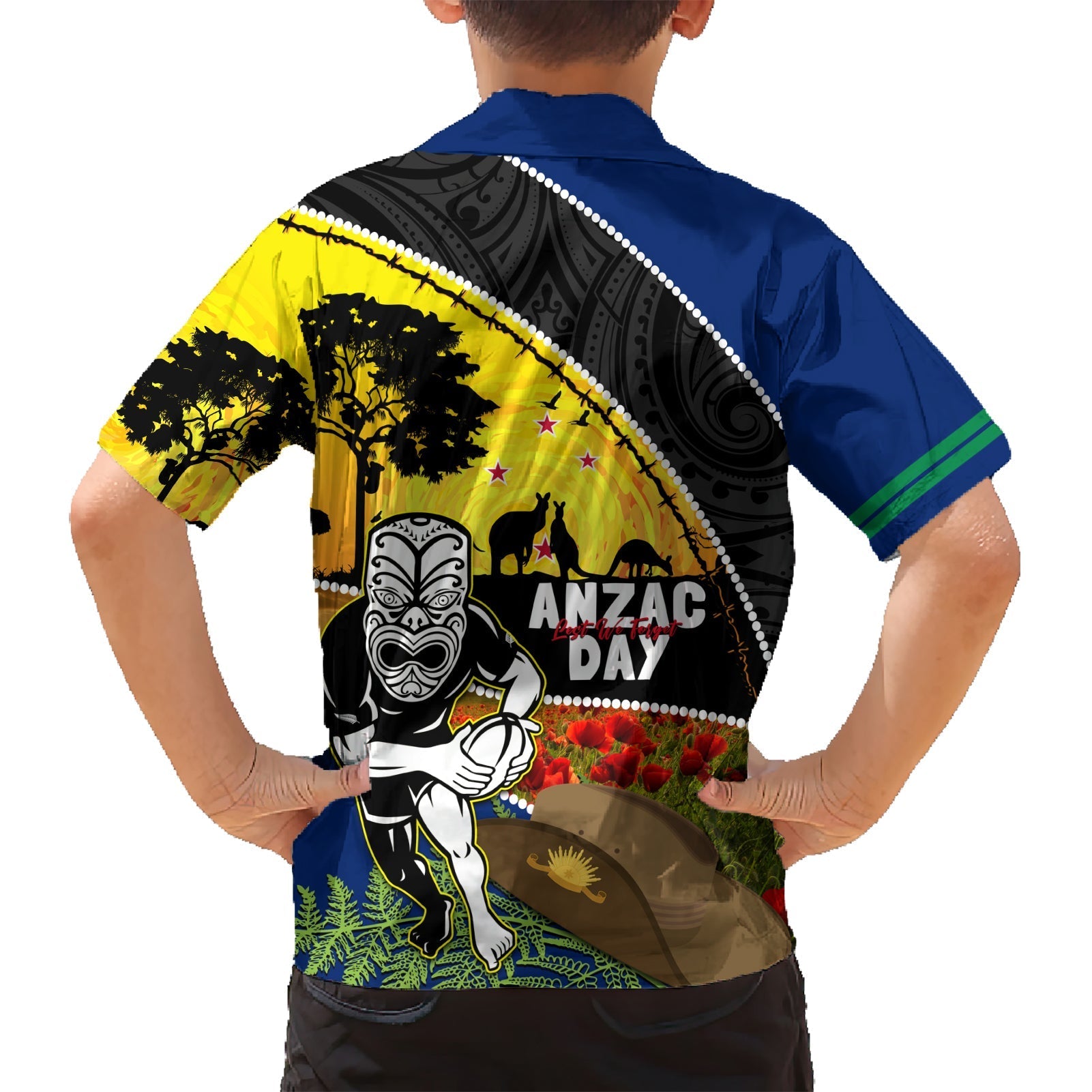 Warriors Rugby ANZAC Day Family Matching Short Sleeve Bodycon Dress and Hawaiian Shirt New Zealand Wahs Tiki Mascot Rosemary Starry Night