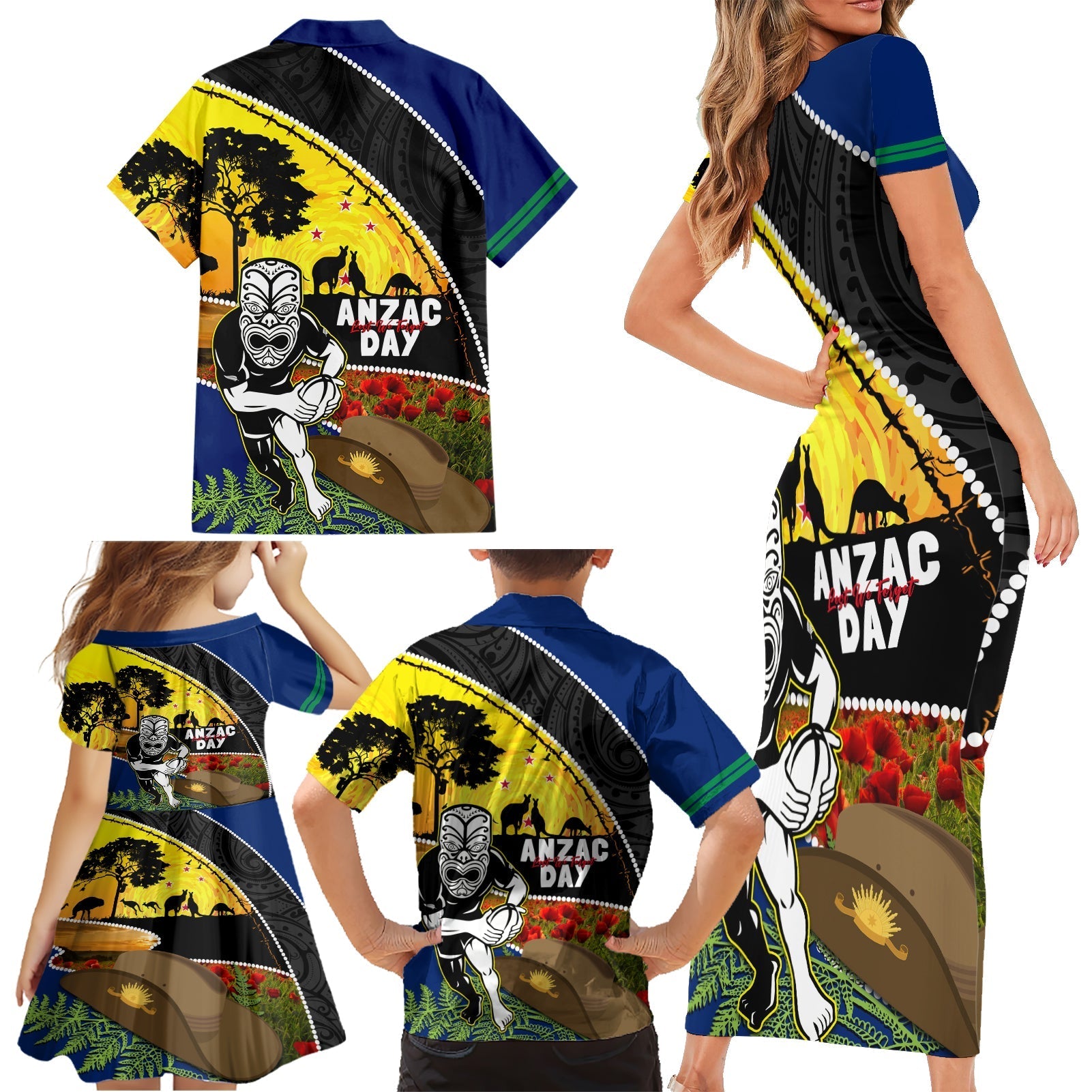 Warriors Rugby ANZAC Day Family Matching Short Sleeve Bodycon Dress and Hawaiian Shirt New Zealand Wahs Tiki Mascot Rosemary Starry Night