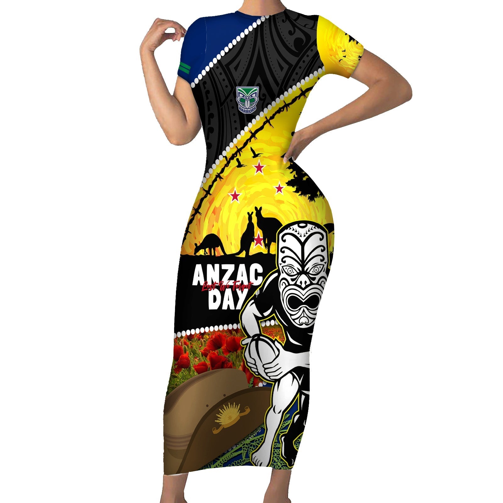 Warriors Rugby ANZAC Day Family Matching Short Sleeve Bodycon Dress and Hawaiian Shirt New Zealand Wahs Tiki Mascot Rosemary Starry Night