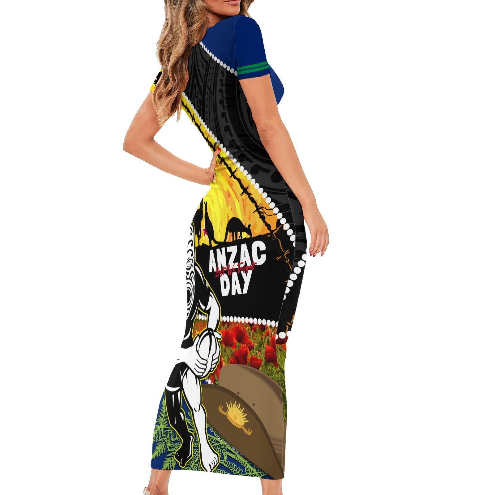 Warriors Rugby ANZAC Day Family Matching Short Sleeve Bodycon Dress and Hawaiian Shirt New Zealand Wahs Tiki Mascot Rosemary Starry Night