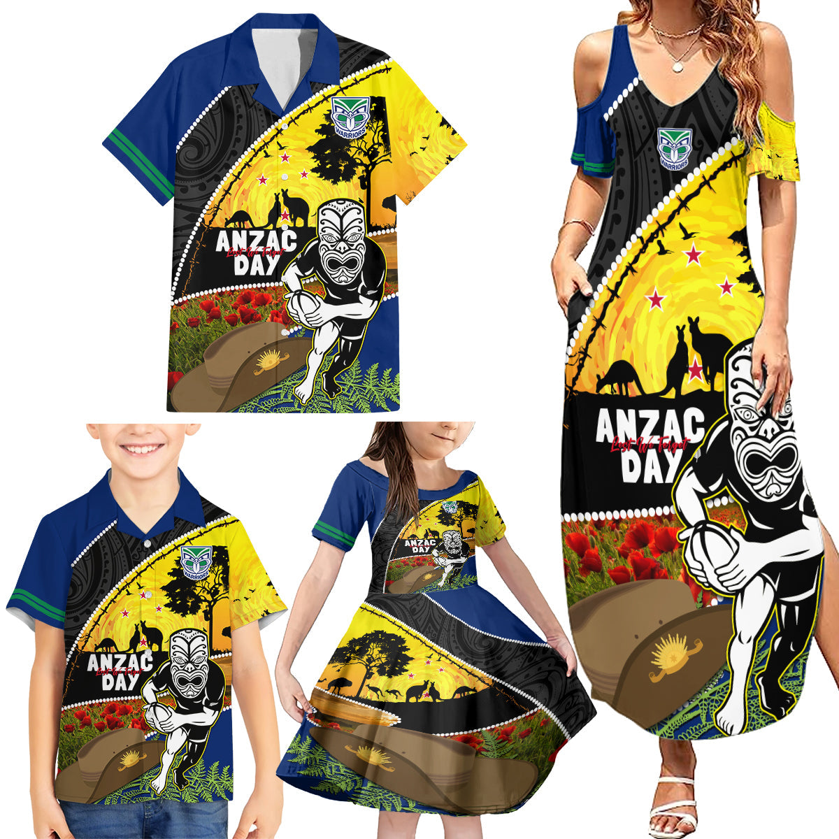 Warriors Rugby ANZAC Day Family Matching Summer Maxi Dress and Hawaiian Shirt New Zealand Wahs Tiki Mascot Rosemary Starry Night