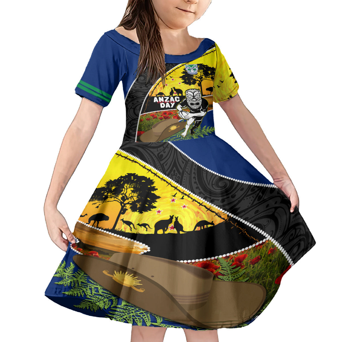 Warriors Rugby ANZAC Day Family Matching Summer Maxi Dress and Hawaiian Shirt New Zealand Wahs Tiki Mascot Rosemary Starry Night
