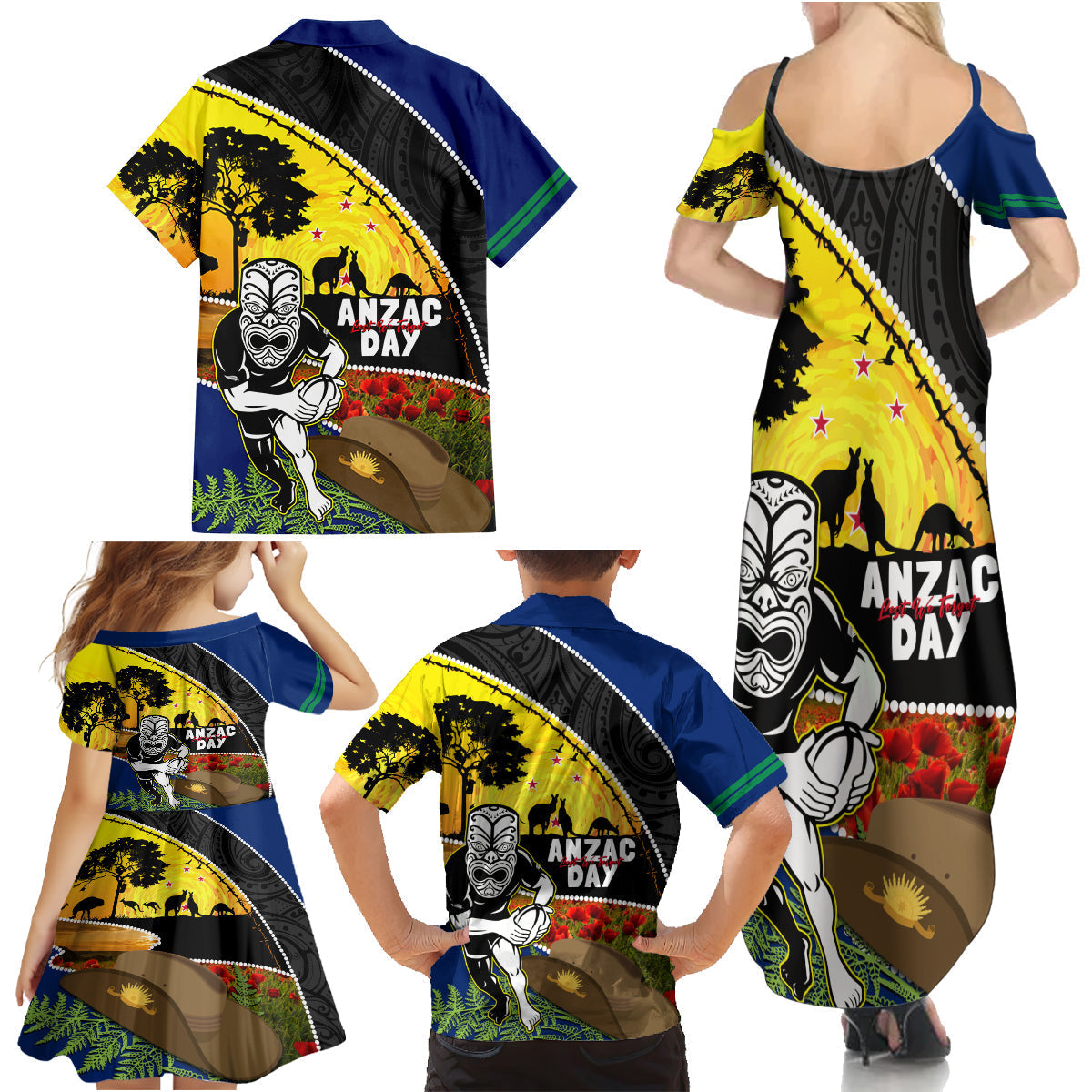 Warriors Rugby ANZAC Day Family Matching Summer Maxi Dress and Hawaiian Shirt New Zealand Wahs Tiki Mascot Rosemary Starry Night