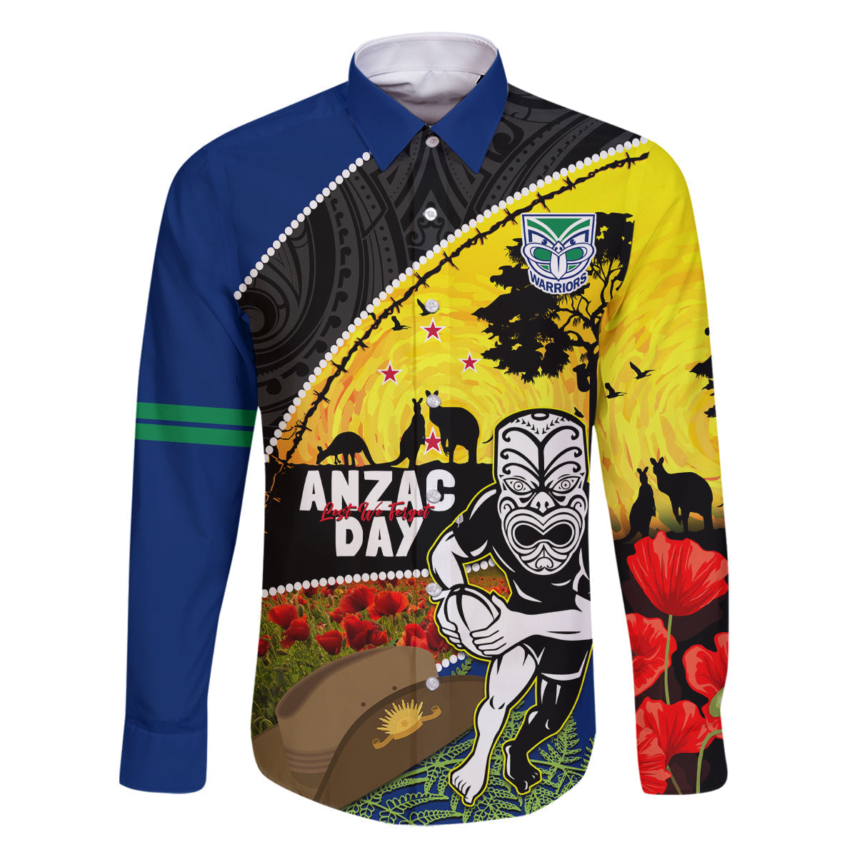 Warriors Rugby ANZAC Day Family Matching Summer Maxi Dress and Hawaiian Shirt New Zealand Wahs Tiki Mascot Rosemary Starry Night