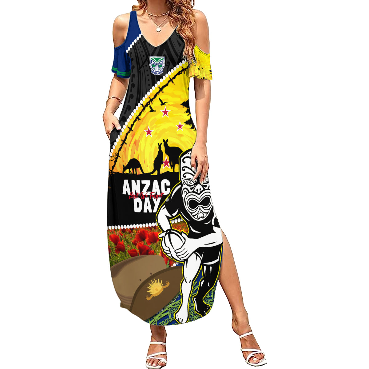 Warriors Rugby ANZAC Day Family Matching Summer Maxi Dress and Hawaiian Shirt New Zealand Wahs Tiki Mascot Rosemary Starry Night