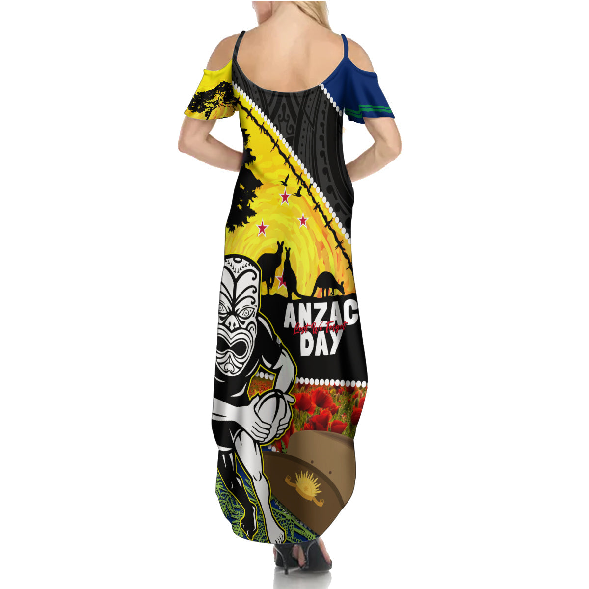 Warriors Rugby ANZAC Day Family Matching Summer Maxi Dress and Hawaiian Shirt New Zealand Wahs Tiki Mascot Rosemary Starry Night