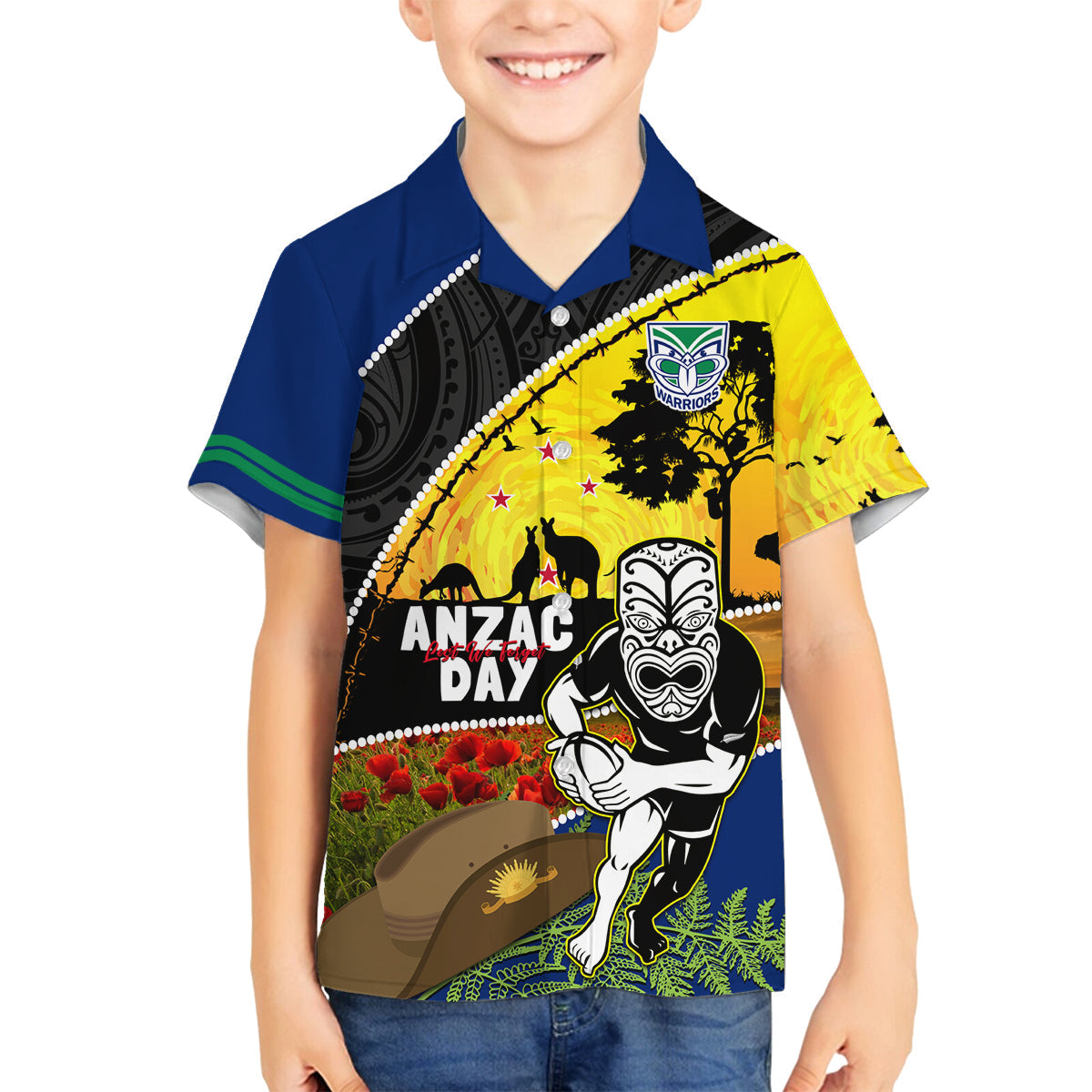 Warriors Rugby ANZAC Day Family Matching Summer Maxi Dress and Hawaiian Shirt New Zealand Wahs Tiki Mascot Rosemary Starry Night