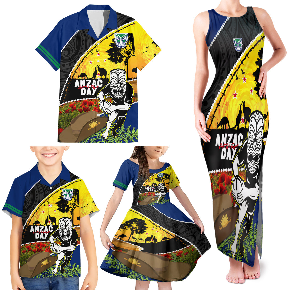 Warriors Rugby ANZAC Day Family Matching Tank Maxi Dress and Hawaiian Shirt New Zealand Wahs Tiki Mascot Rosemary Starry Night