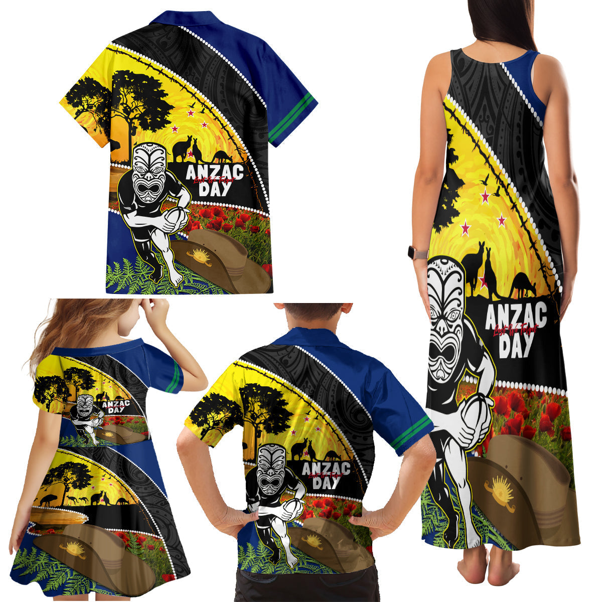 Warriors Rugby ANZAC Day Family Matching Tank Maxi Dress and Hawaiian Shirt New Zealand Wahs Tiki Mascot Rosemary Starry Night