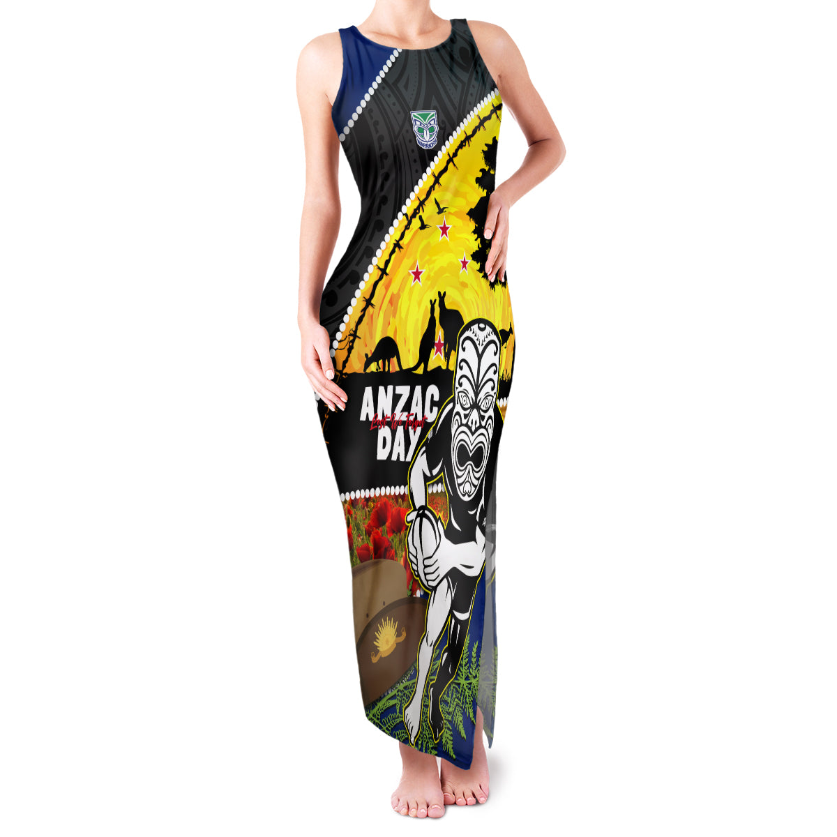 Warriors Rugby ANZAC Day Family Matching Tank Maxi Dress and Hawaiian Shirt New Zealand Wahs Tiki Mascot Rosemary Starry Night