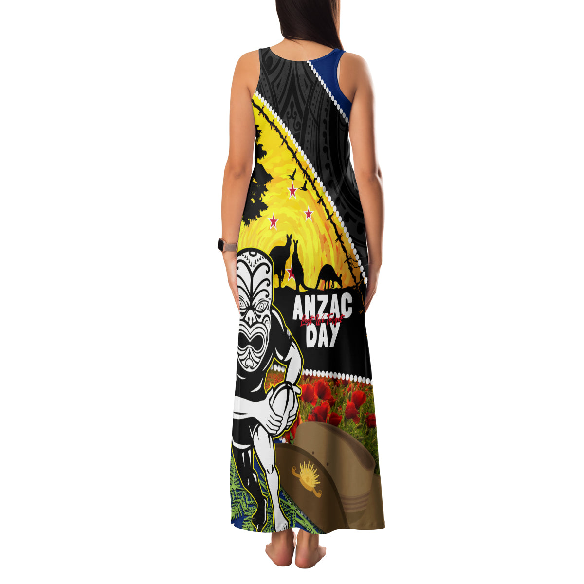 Warriors Rugby ANZAC Day Family Matching Tank Maxi Dress and Hawaiian Shirt New Zealand Wahs Tiki Mascot Rosemary Starry Night