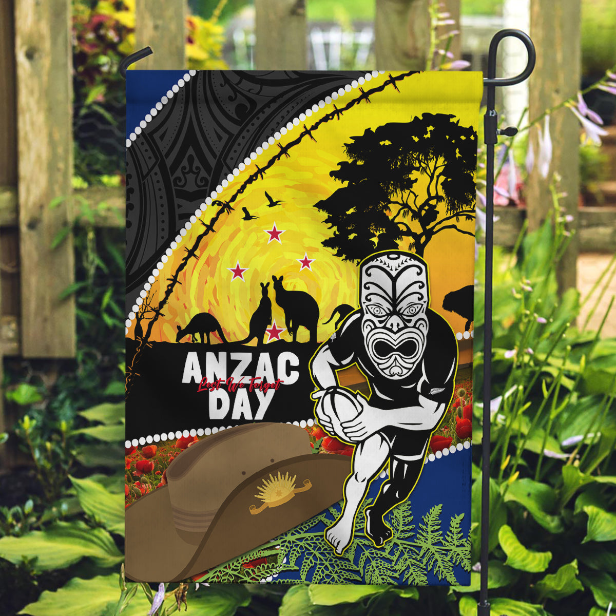 Warriors Rugby ANZAC Day Garden Flag New Zealand Wahs Tiki Mascot Rosemary Starry Night - Vibe Hoodie Shop