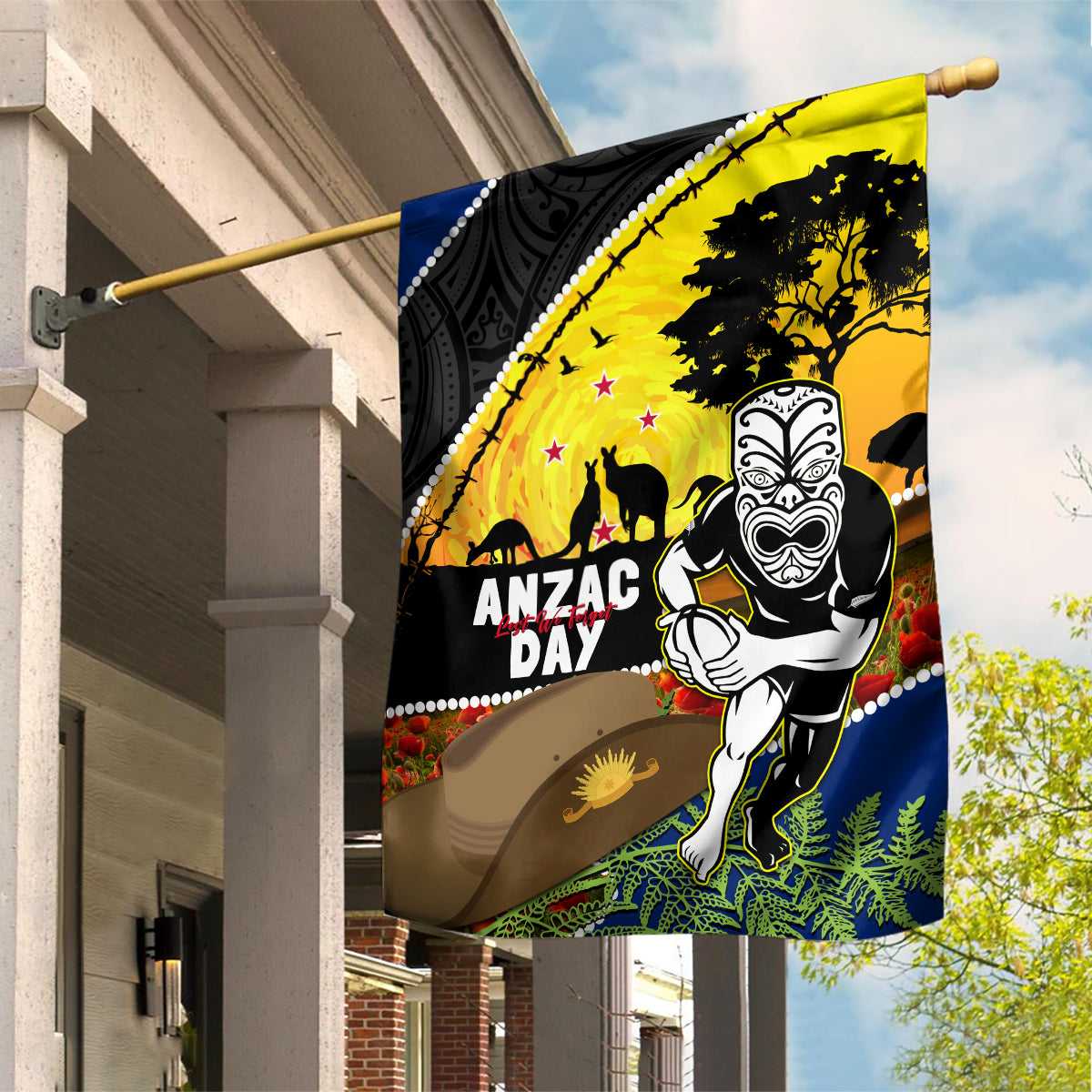 Warriors Rugby ANZAC Day Garden Flag New Zealand Wahs Tiki Mascot Rosemary Starry Night - Vibe Hoodie Shop