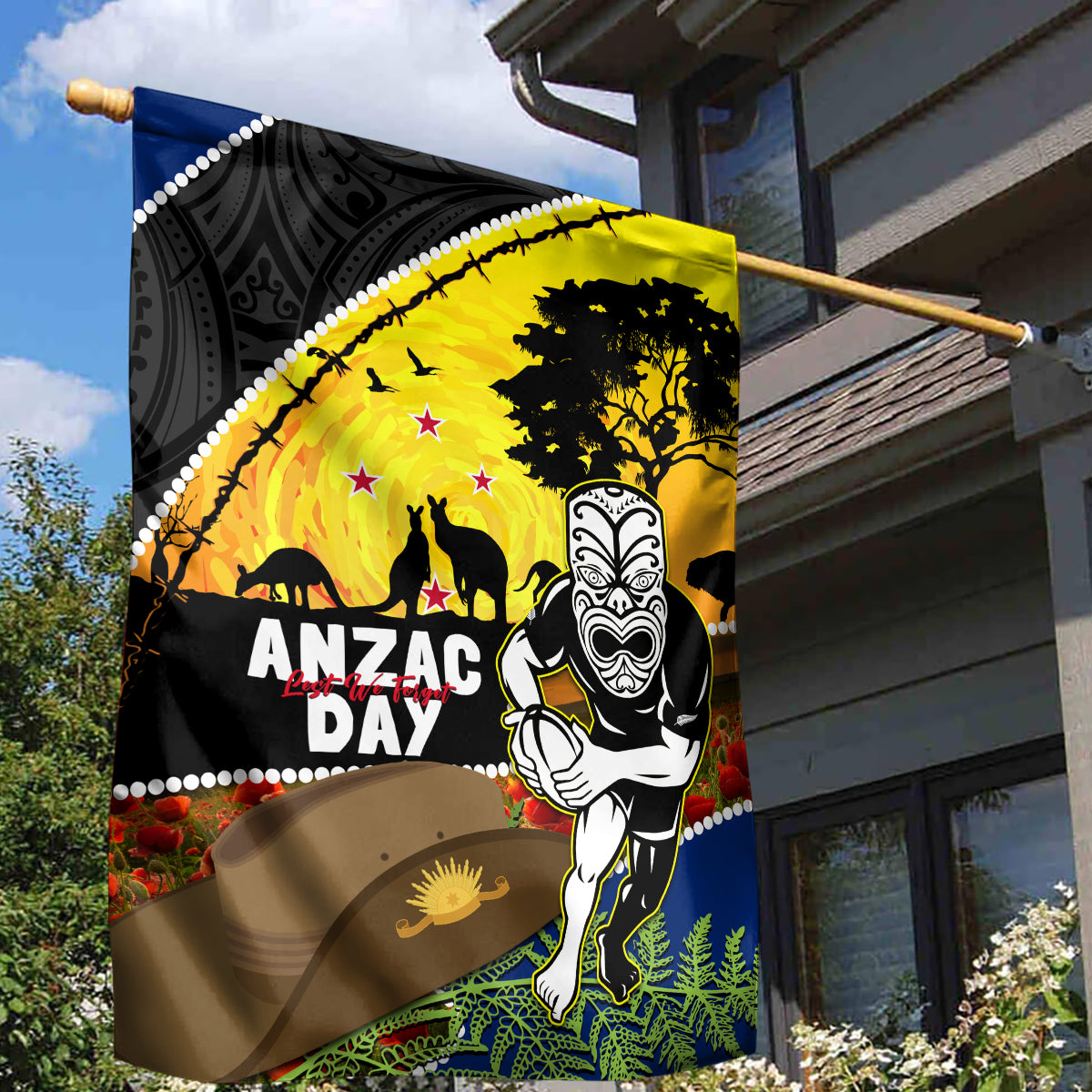 Warriors Rugby ANZAC Day Garden Flag New Zealand Wahs Tiki Mascot Rosemary Starry Night - Vibe Hoodie Shop