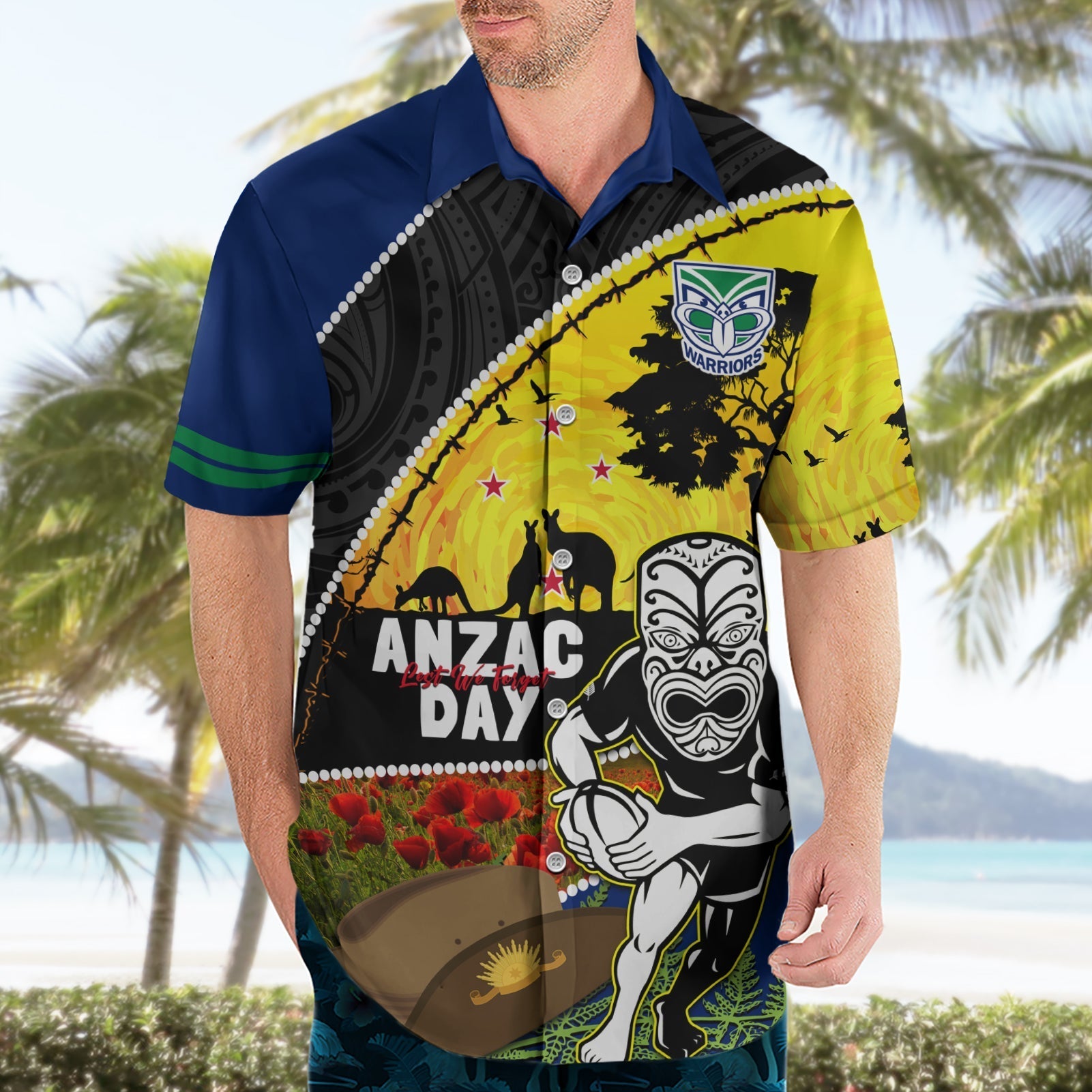 Warriors Rugby ANZAC Day Hawaiian Shirt New Zealand Wahs Tiki Mascot Rosemary Starry Night